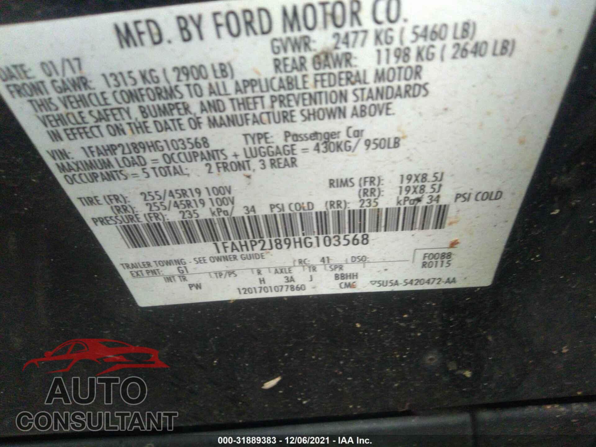 FORD TAURUS 2017 - 1FAHP2J89HG103568