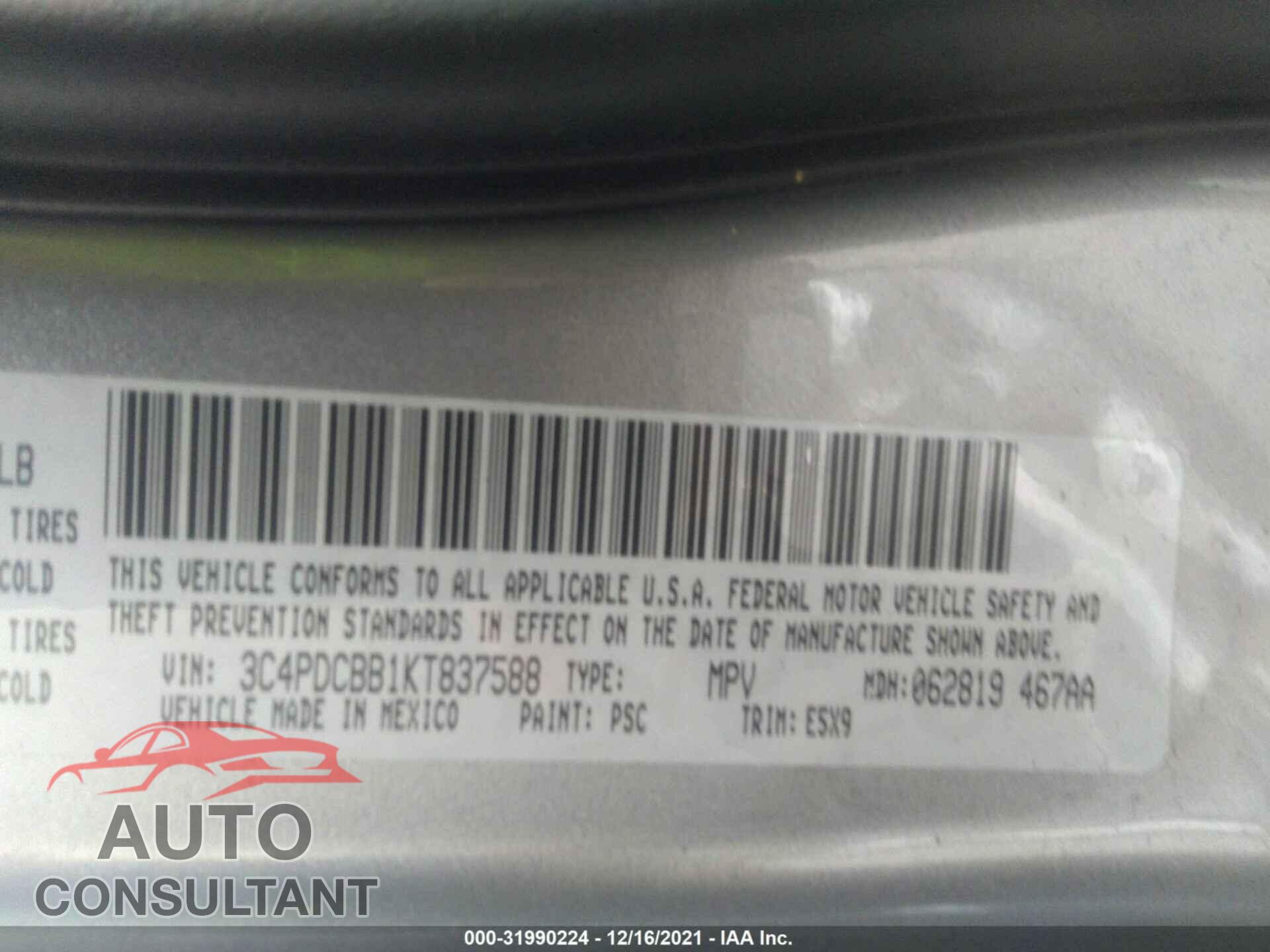 DODGE JOURNEY 2019 - 3C4PDCBB1KT837588