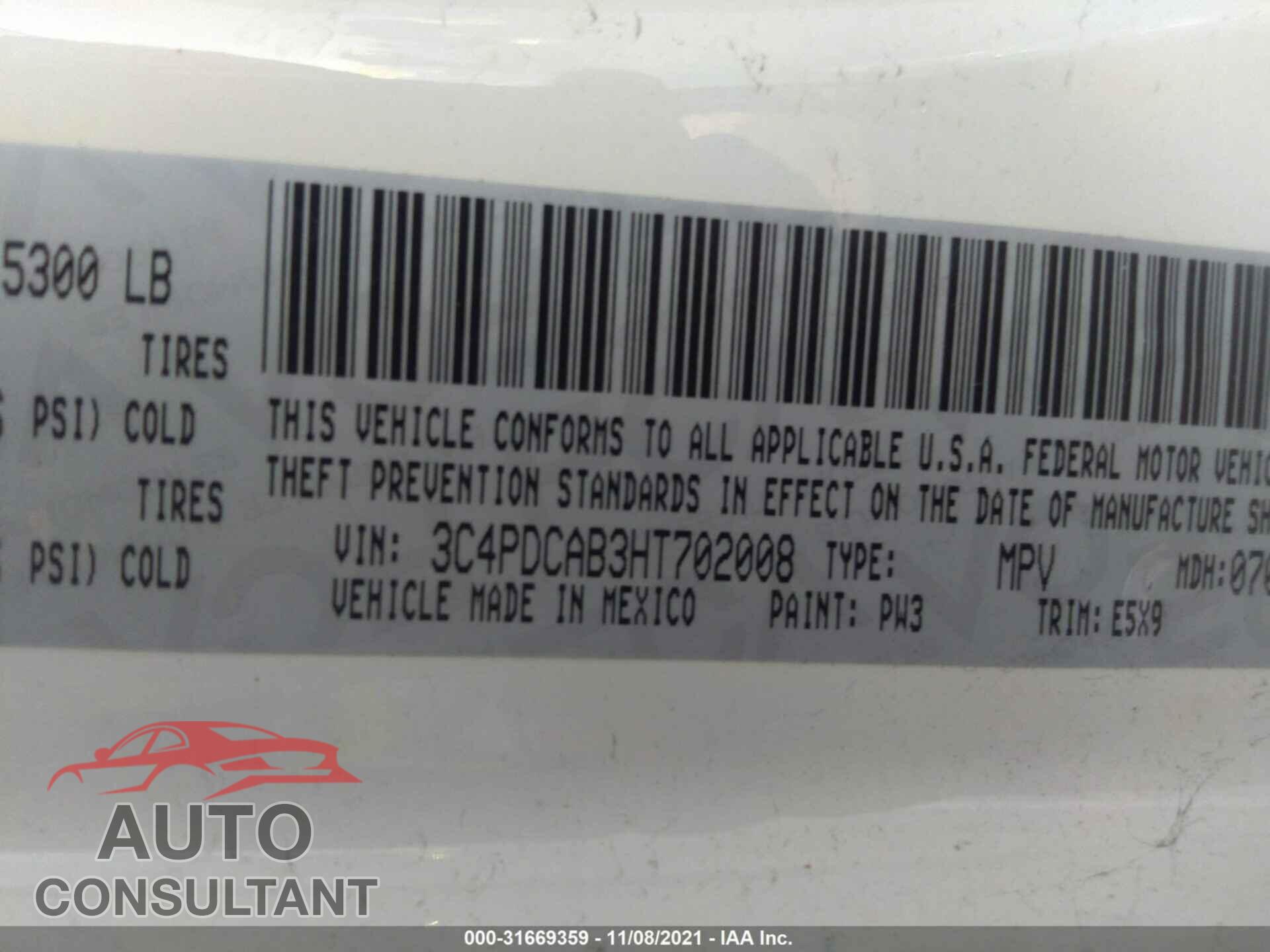 DODGE JOURNEY 2017 - 3C4PDCAB3HT702008