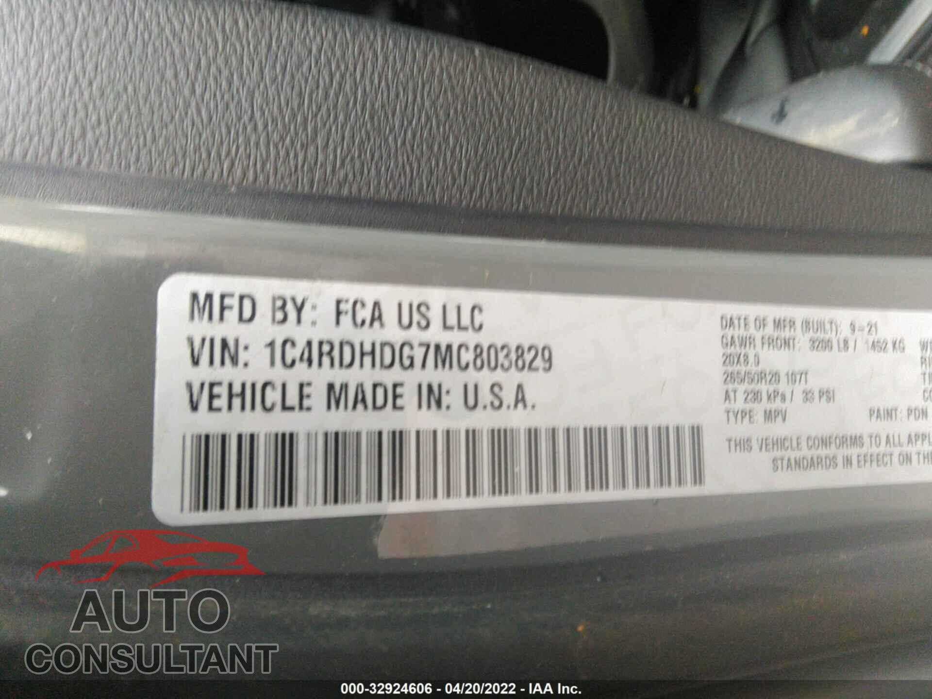 DODGE DURANGO 2021 - 1C4RDHDG7MC803829