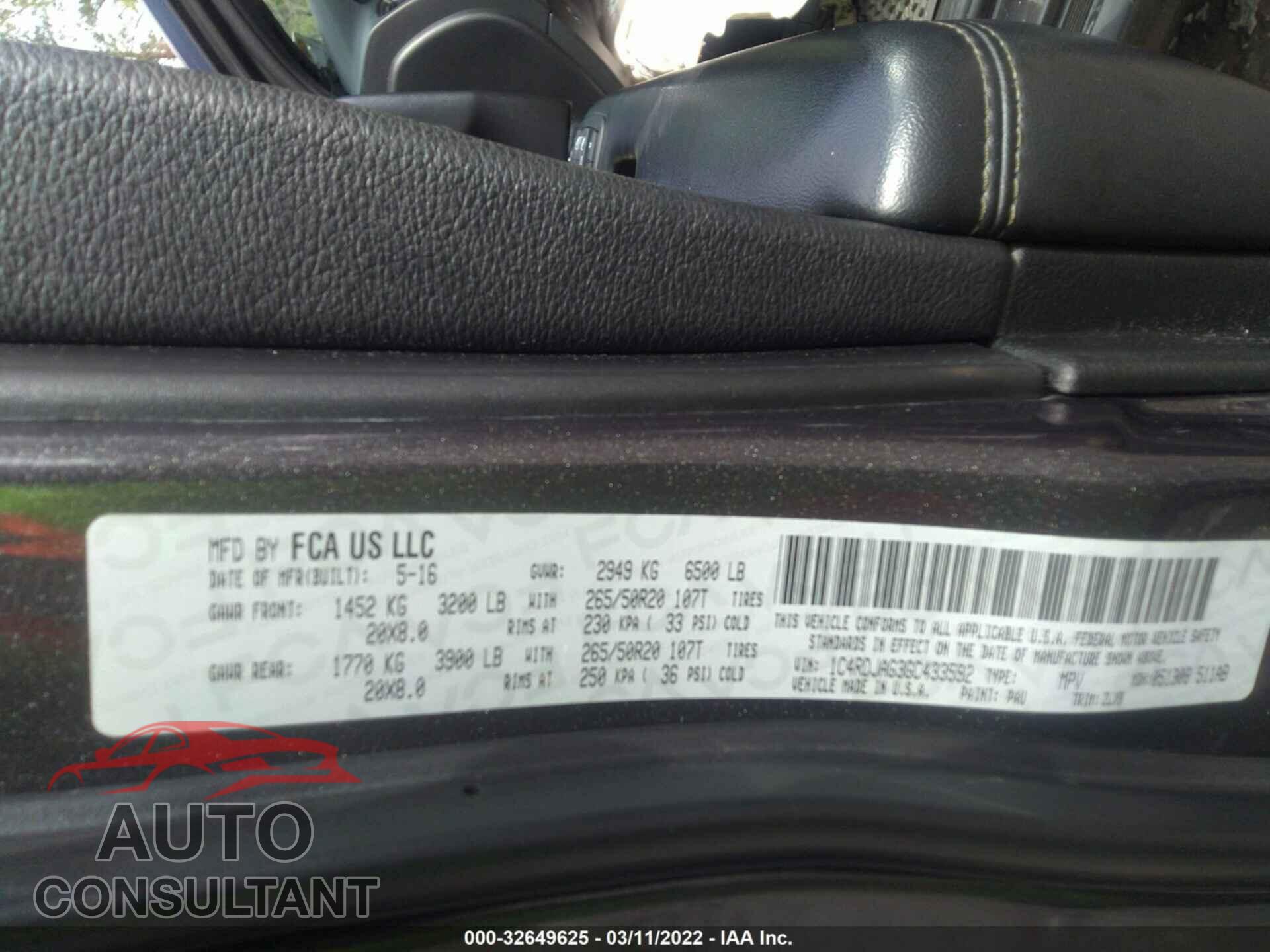 DODGE DURANGO 2016 - 1C4RDJAG3GC433592