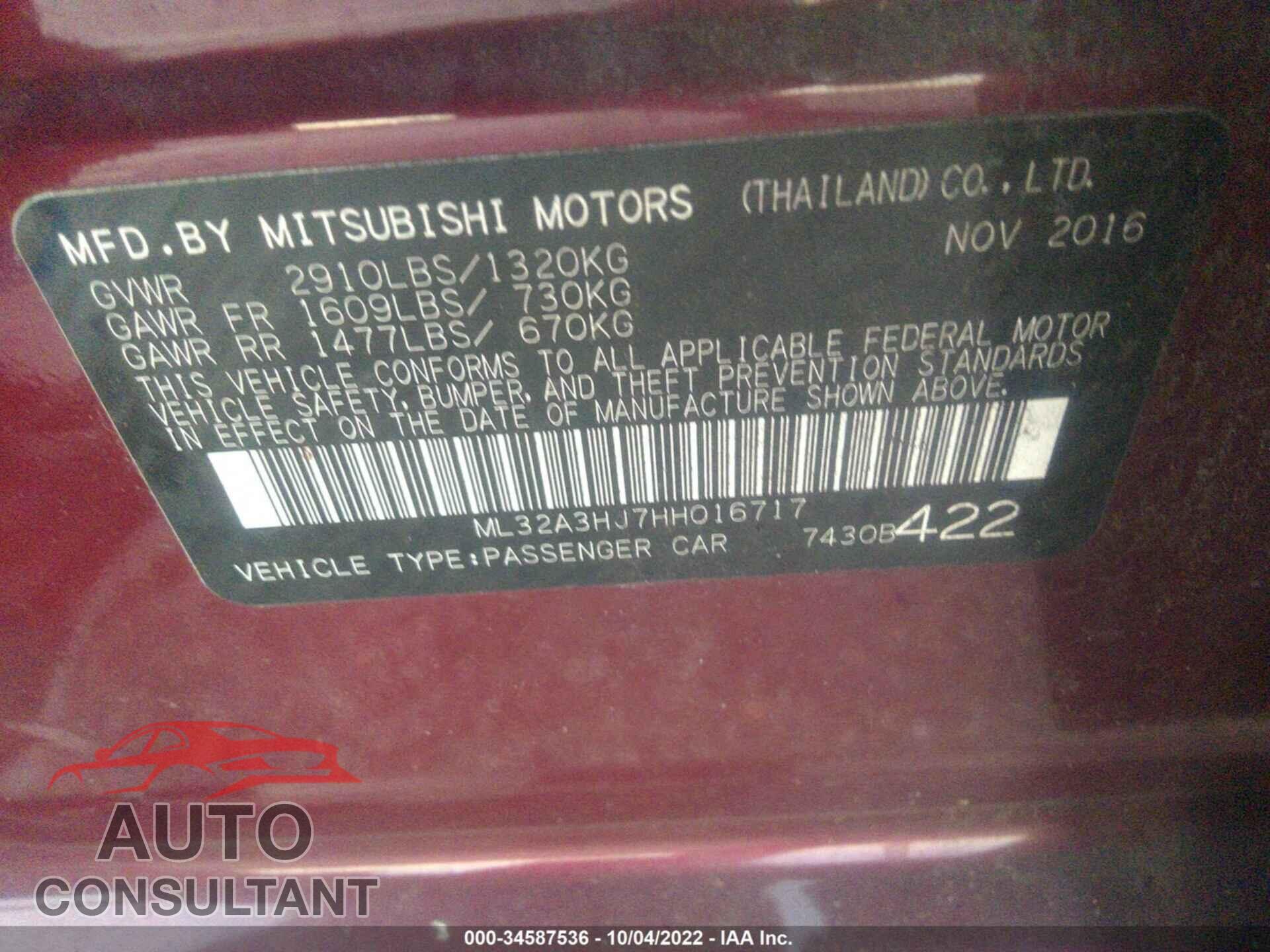 MITSUBISHI MIRAGE 2017 - ML32A3HJ7HH016717