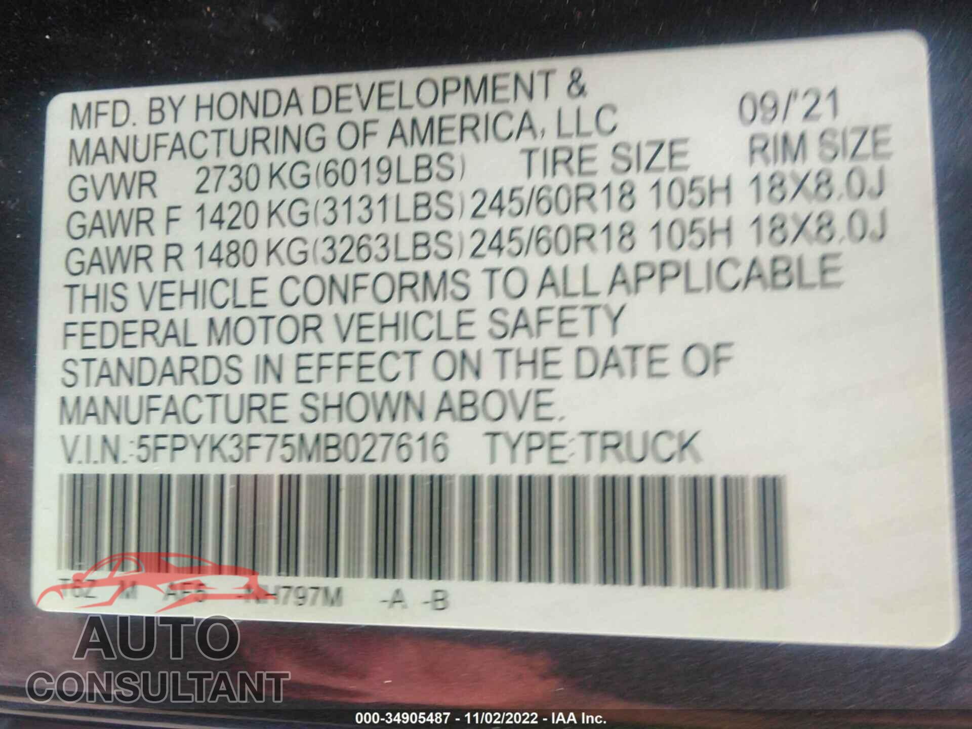HONDA RIDGELINE 2021 - 5FPYK3F75MB027616