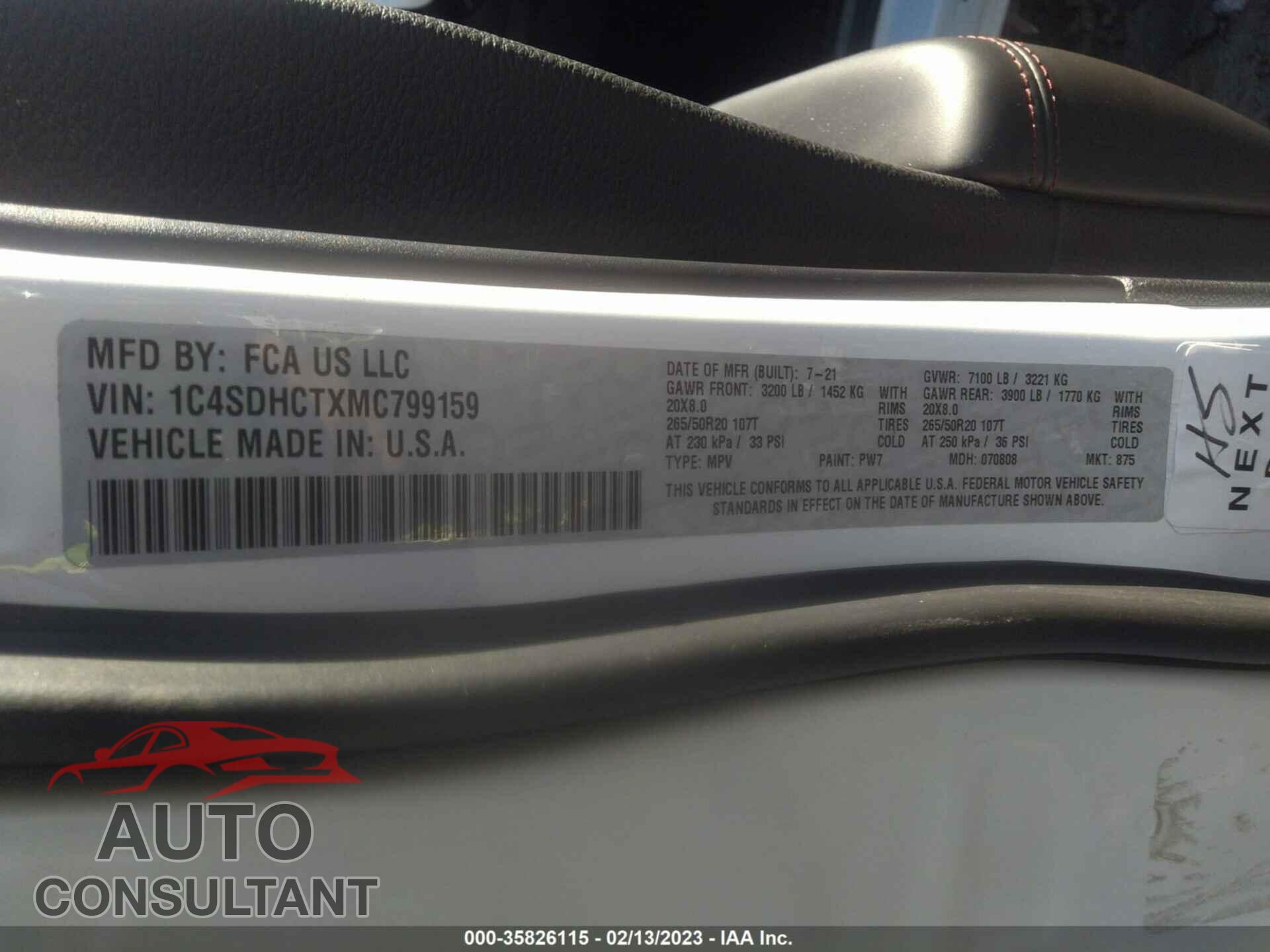 DODGE DURANGO 2021 - 1C4SDHCTXMC799159