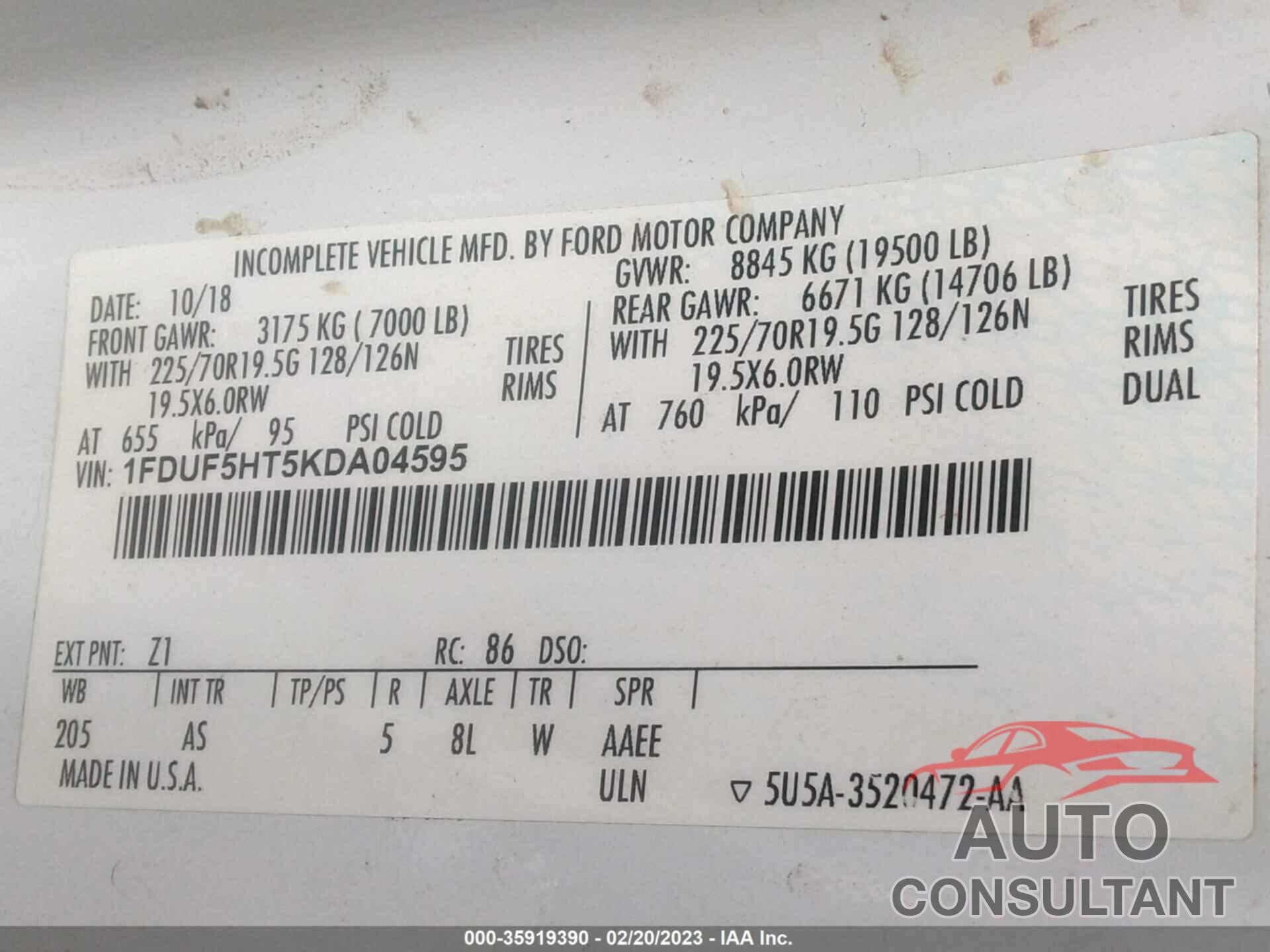 FORD SUPER DUTY F-550 DRW 2019 - 1FDUF5HT5KDA04595