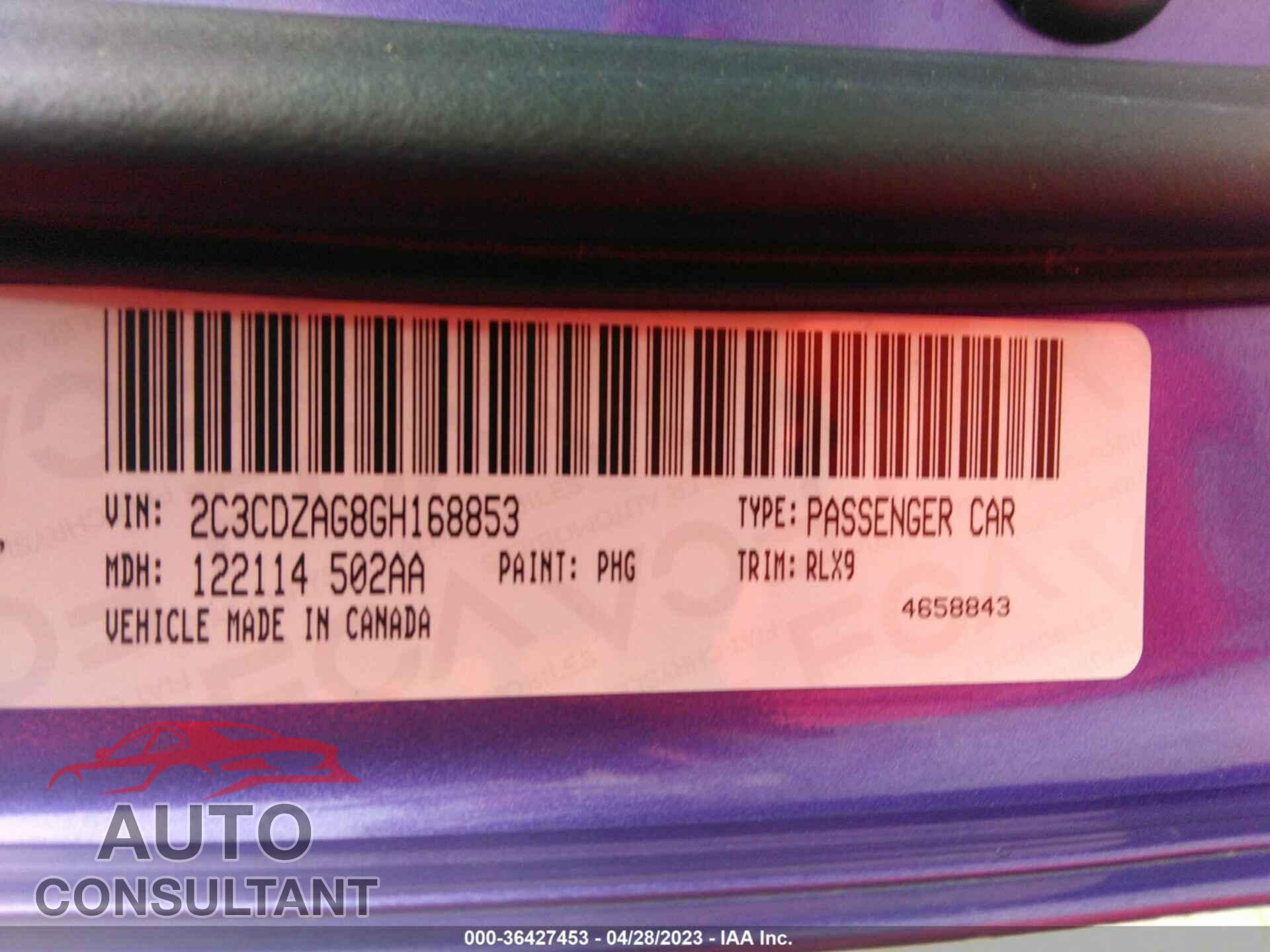 DODGE CHALLENGER 2016 - 2C3CDZAG8GH168853