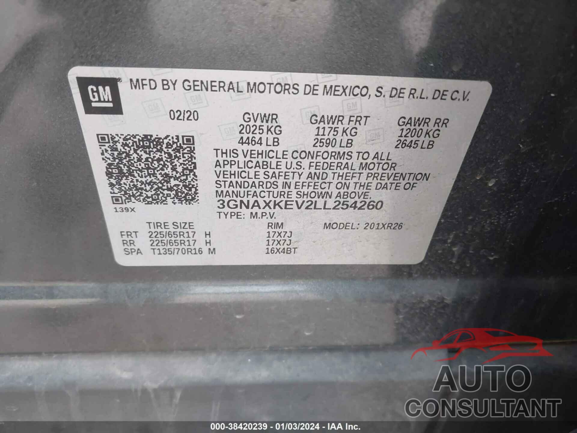 CHEVROLET EQUINOX 2020 - 3GNAXKEV2LL254260