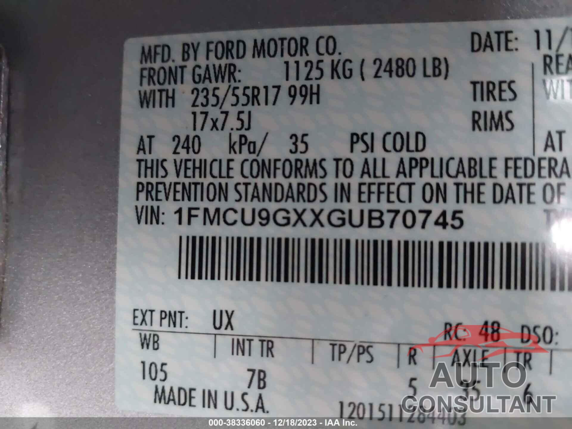 FORD ESCAPE 2016 - 1FMCU9GXXGUB70745