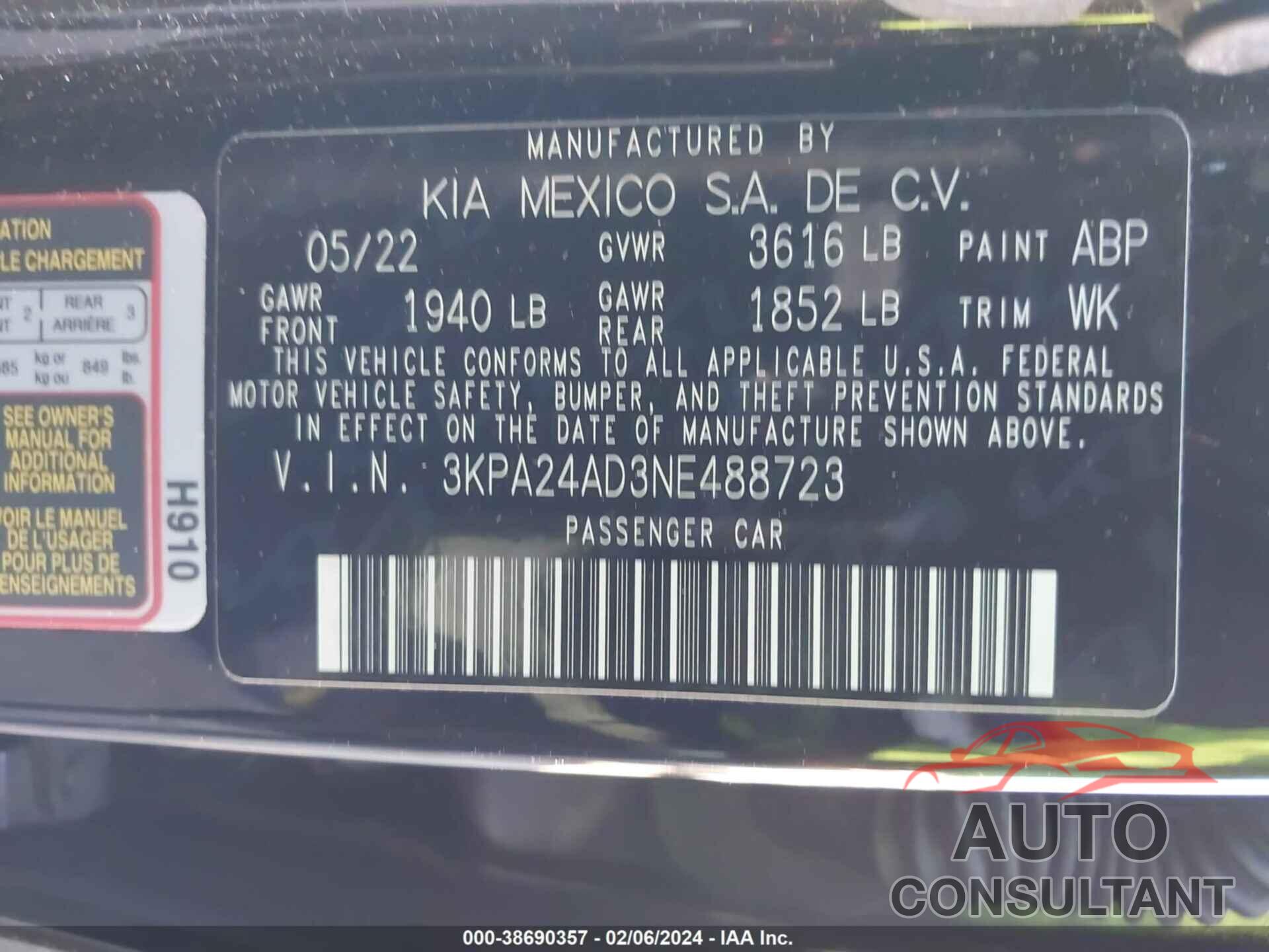 KIA RIO 2022 - 3KPA24AD3NE488723