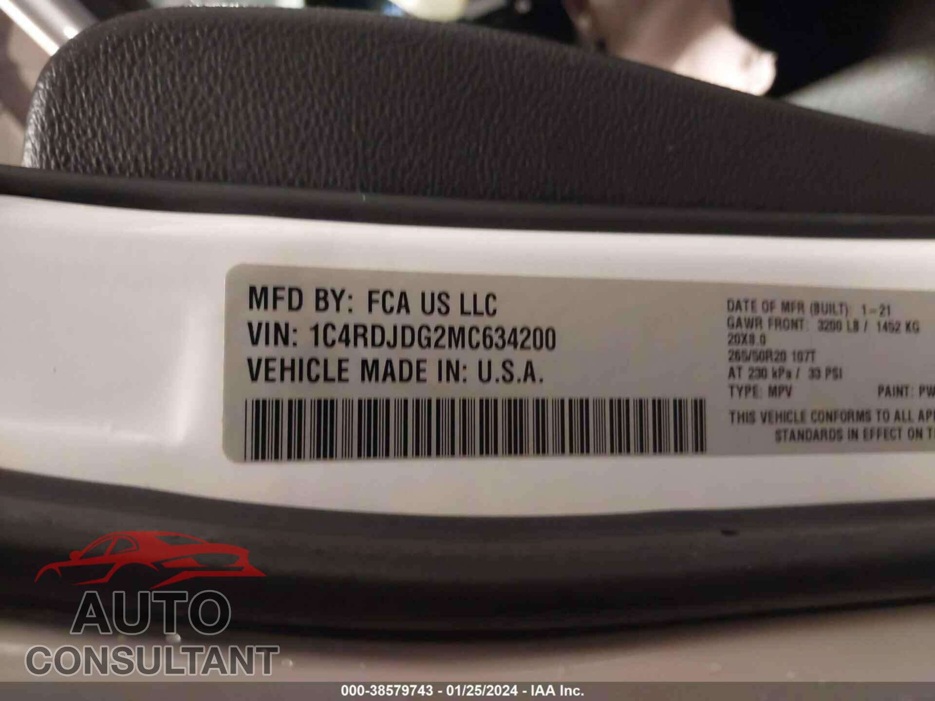 DODGE DURANGO 2021 - 1C4RDJDG2MC634200