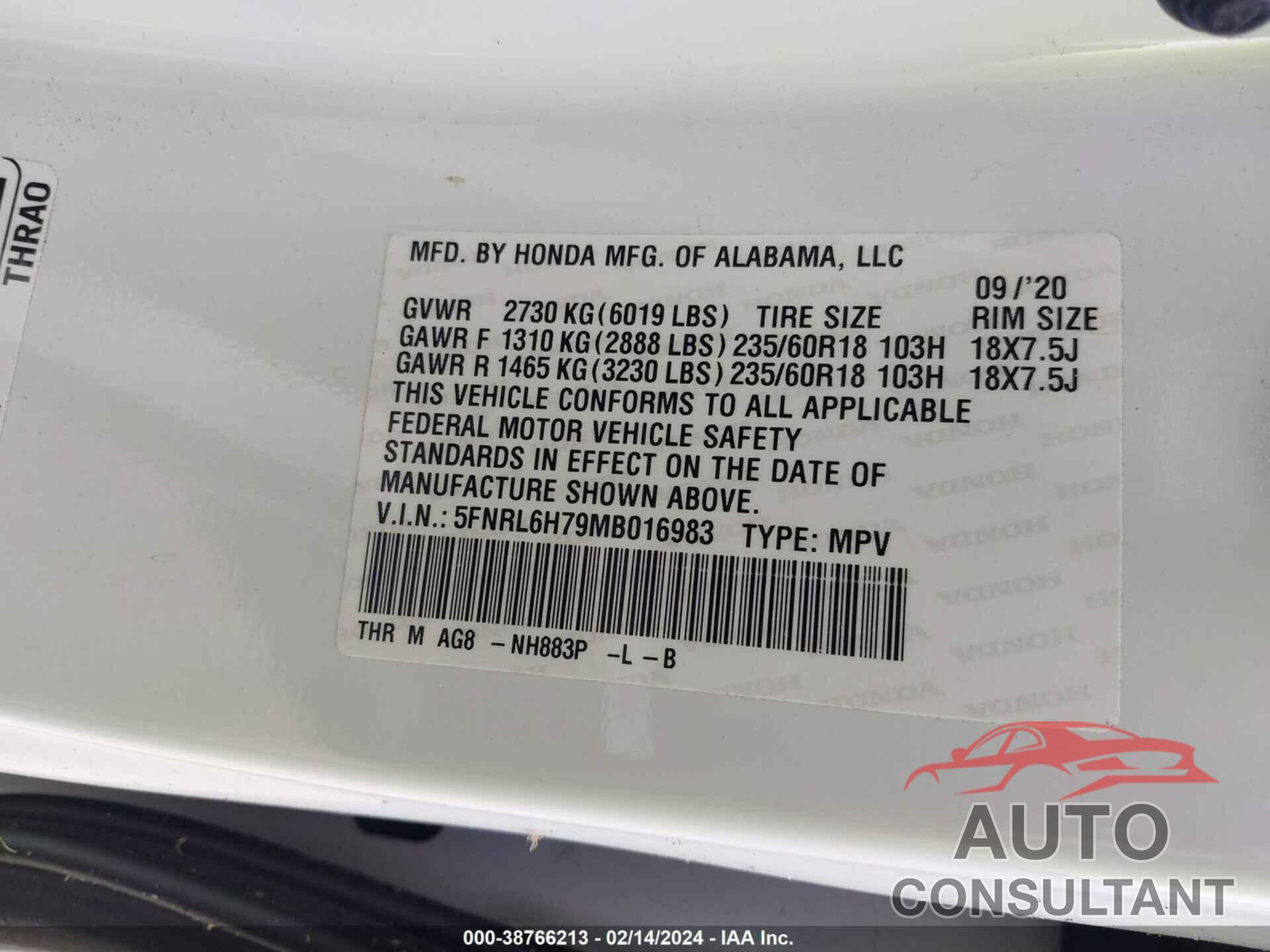 HONDA ODYSSEY 2021 - 5FNRL6H79MB016983