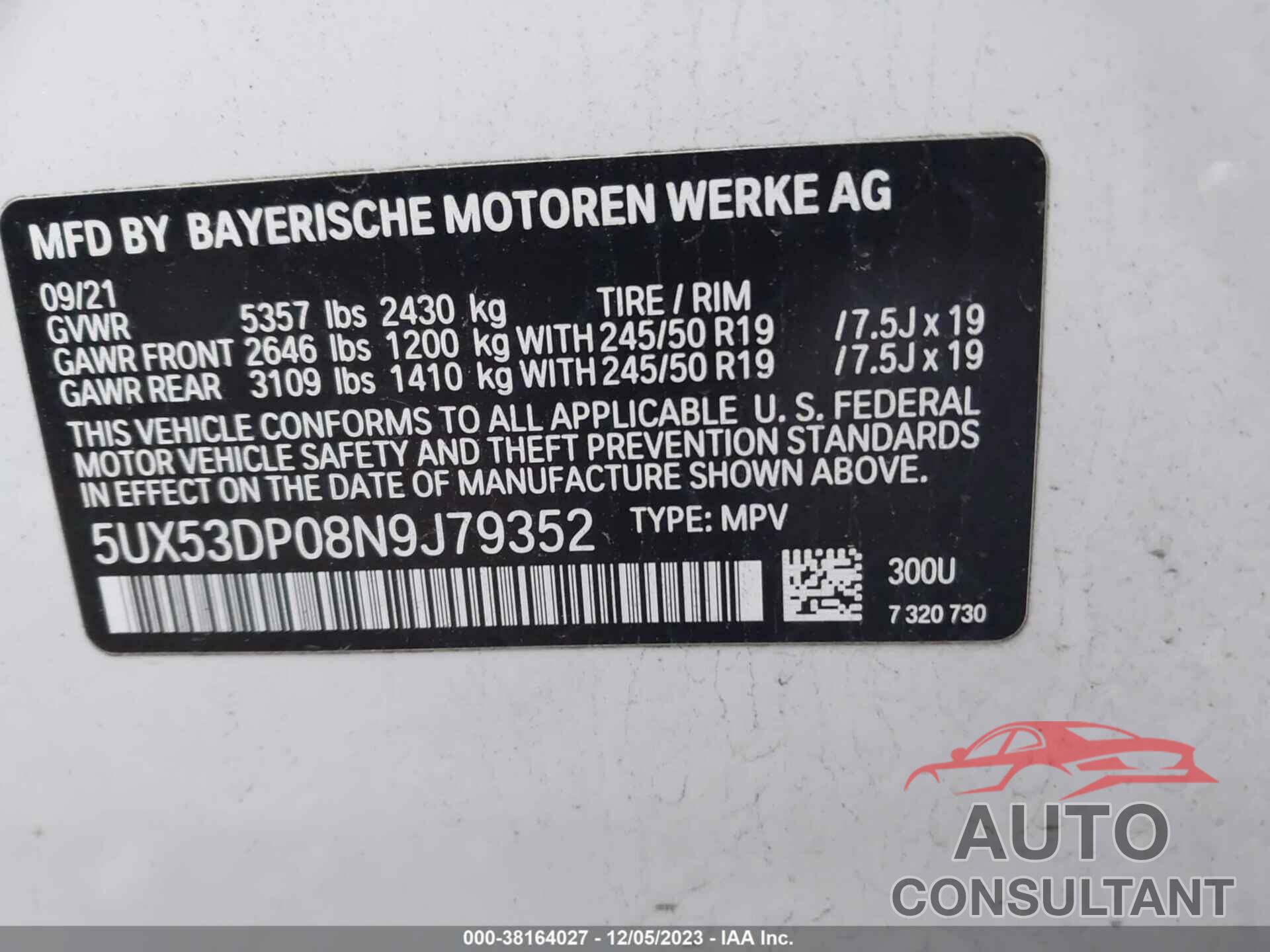 BMW X3 2022 - 5UX53DP08N9J79352