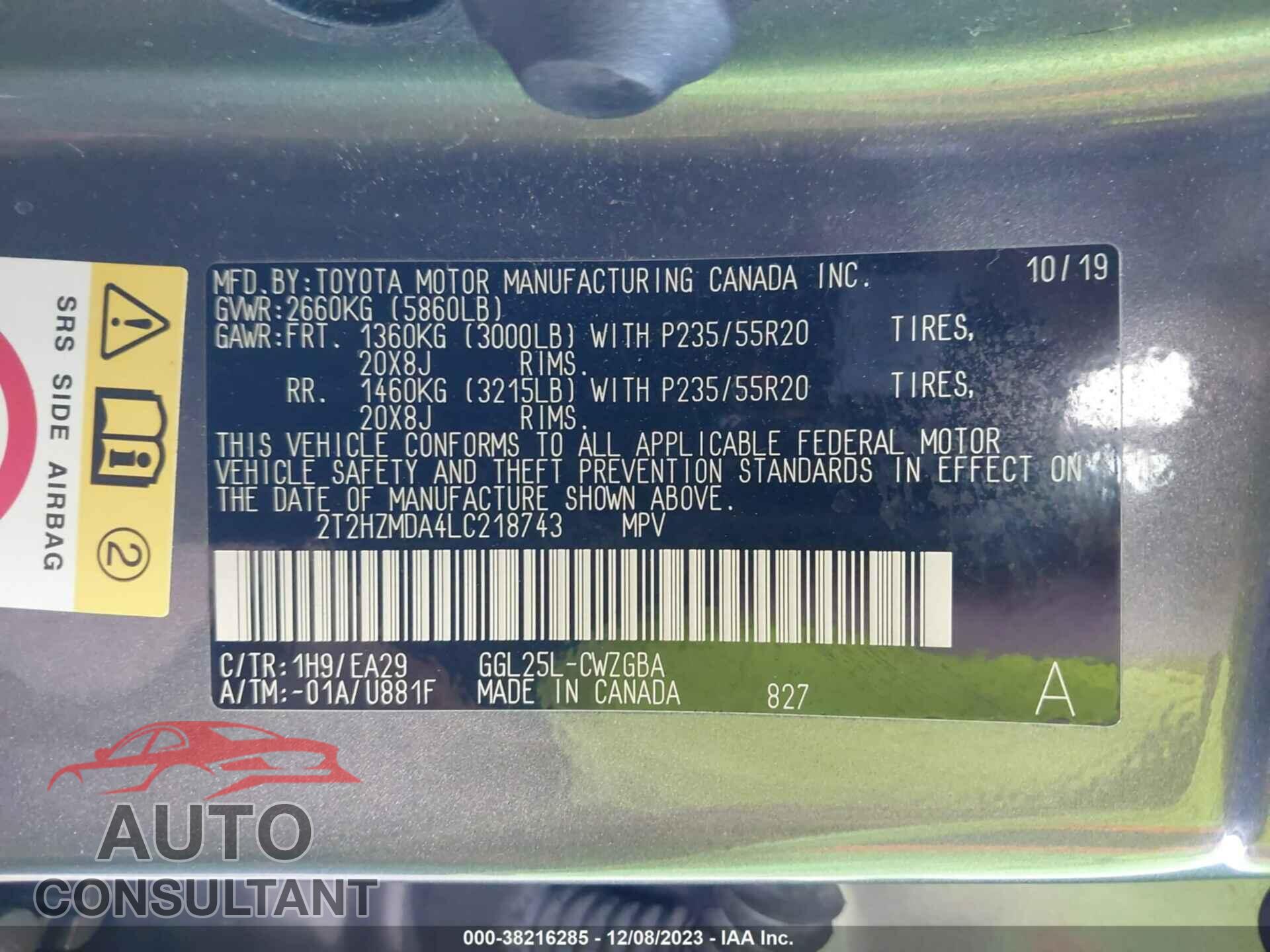 LEXUS RX 2020 - 2T2HZMDA4LC218743
