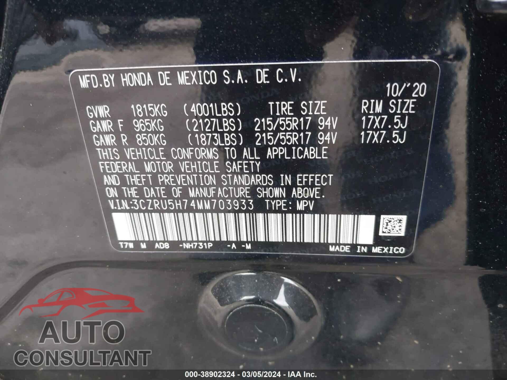 HONDA HR-V 2021 - 3CZRU5H74MM703933