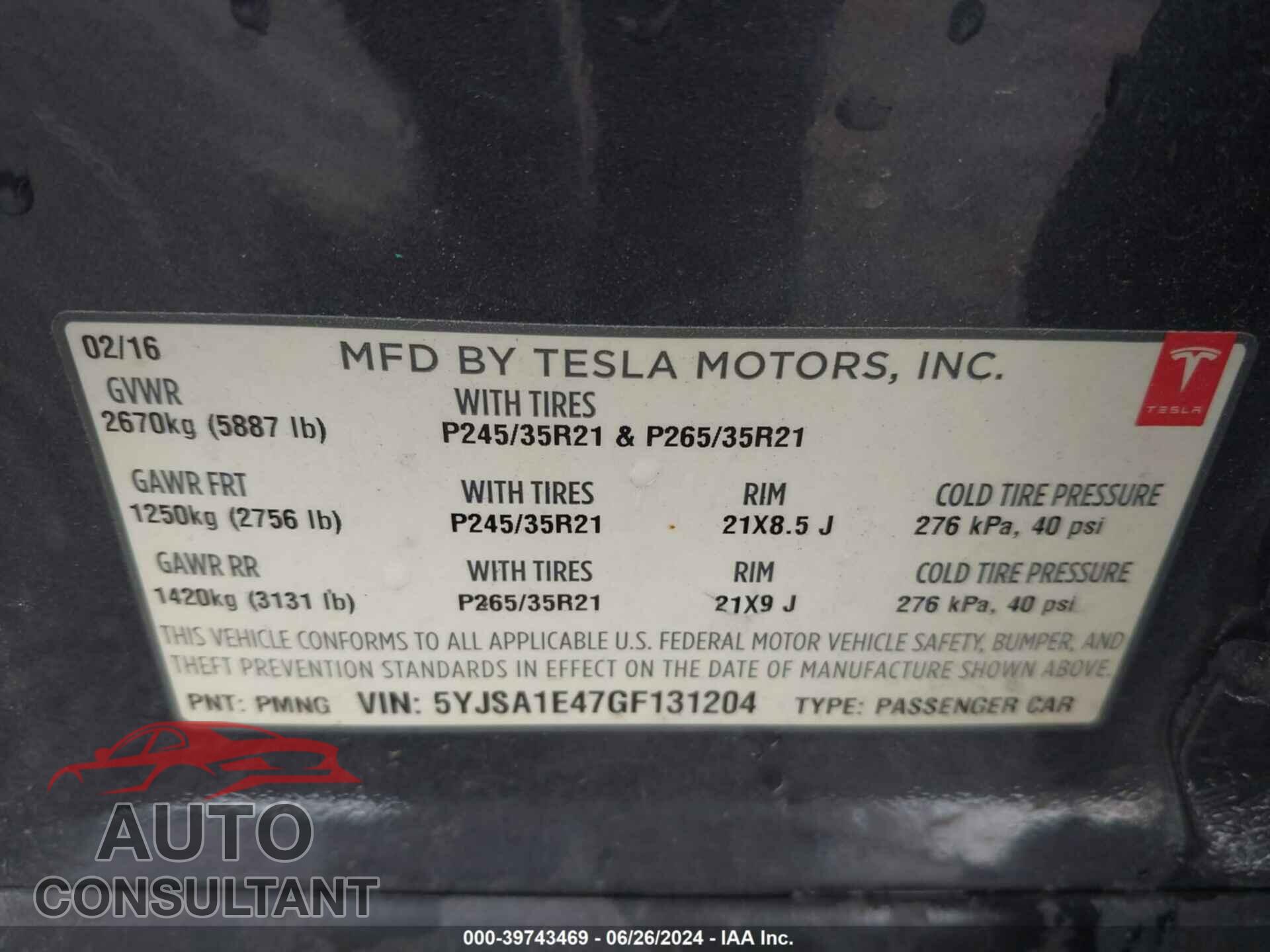 TESLA MODEL S 2016 - 5YJSA1E47GF131204