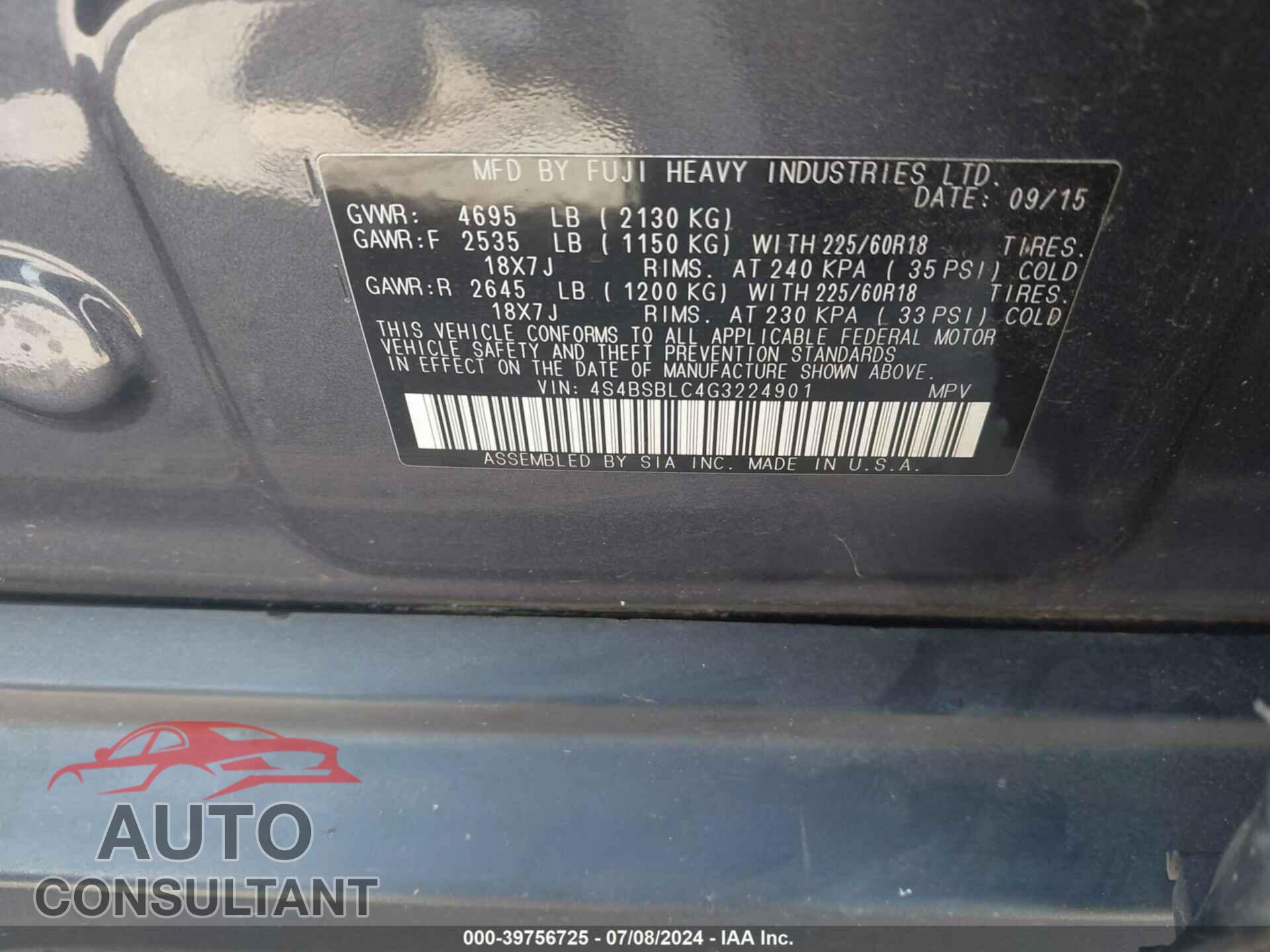 SUBARU OUTBACK 2016 - 4S4BSBLC4G3224901