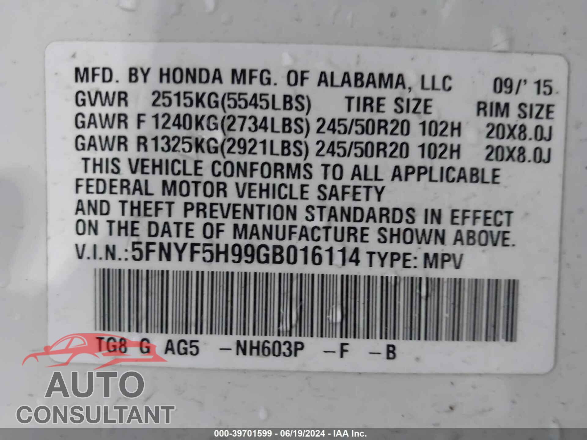 HONDA PILOT 2016 - 5FNYF5H99GB016114
