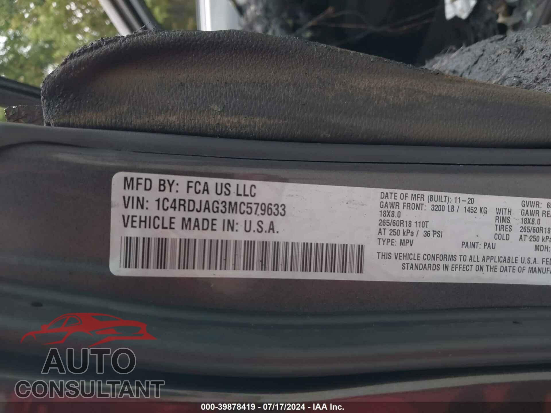 DODGE DURANGO 2021 - 1C4RDJAG3MC579633