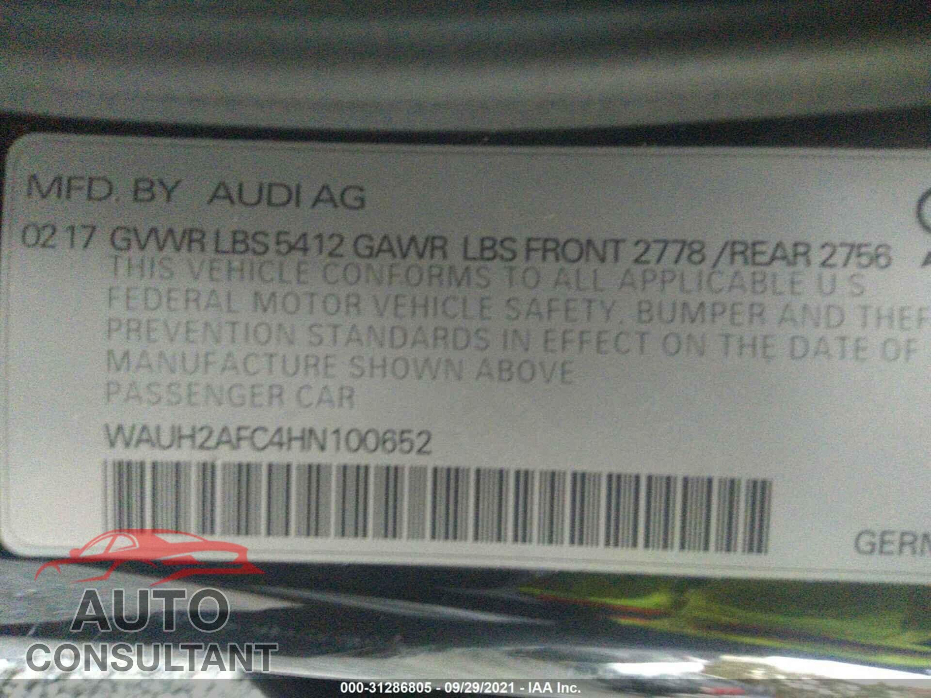 AUDI A6 2017 - WAUH2AFC4HN100652