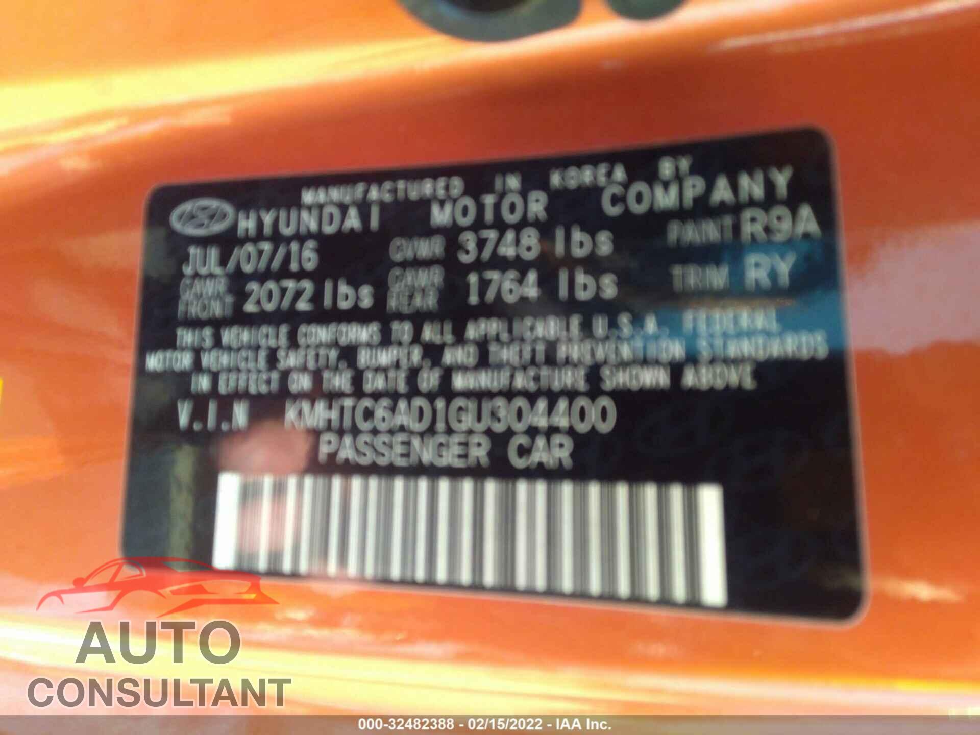 HYUNDAI VELOSTER 2016 - KMHTC6AD1GU304400