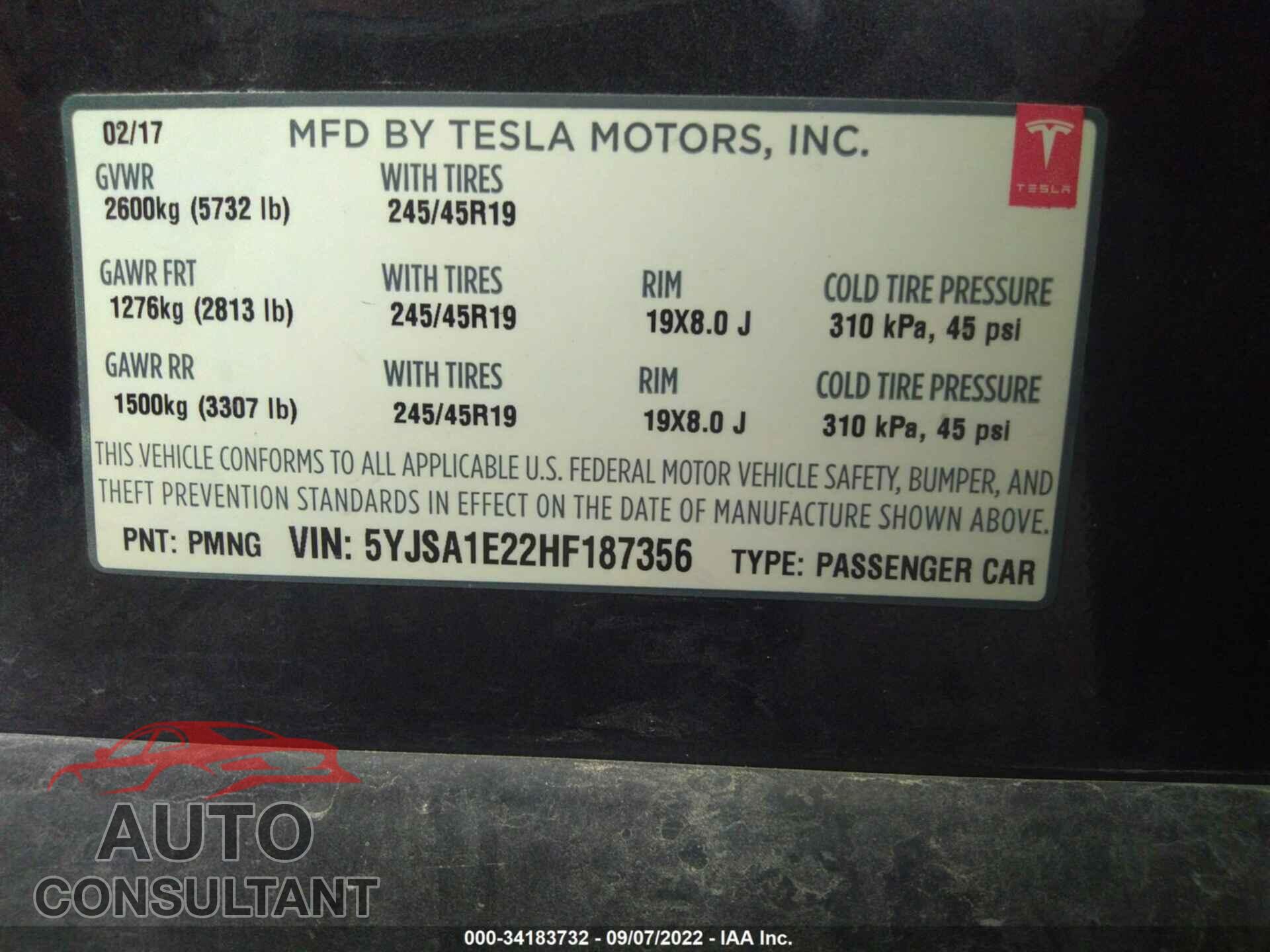 TESLA MODEL S 2017 - 5YJSA1E22HF187356