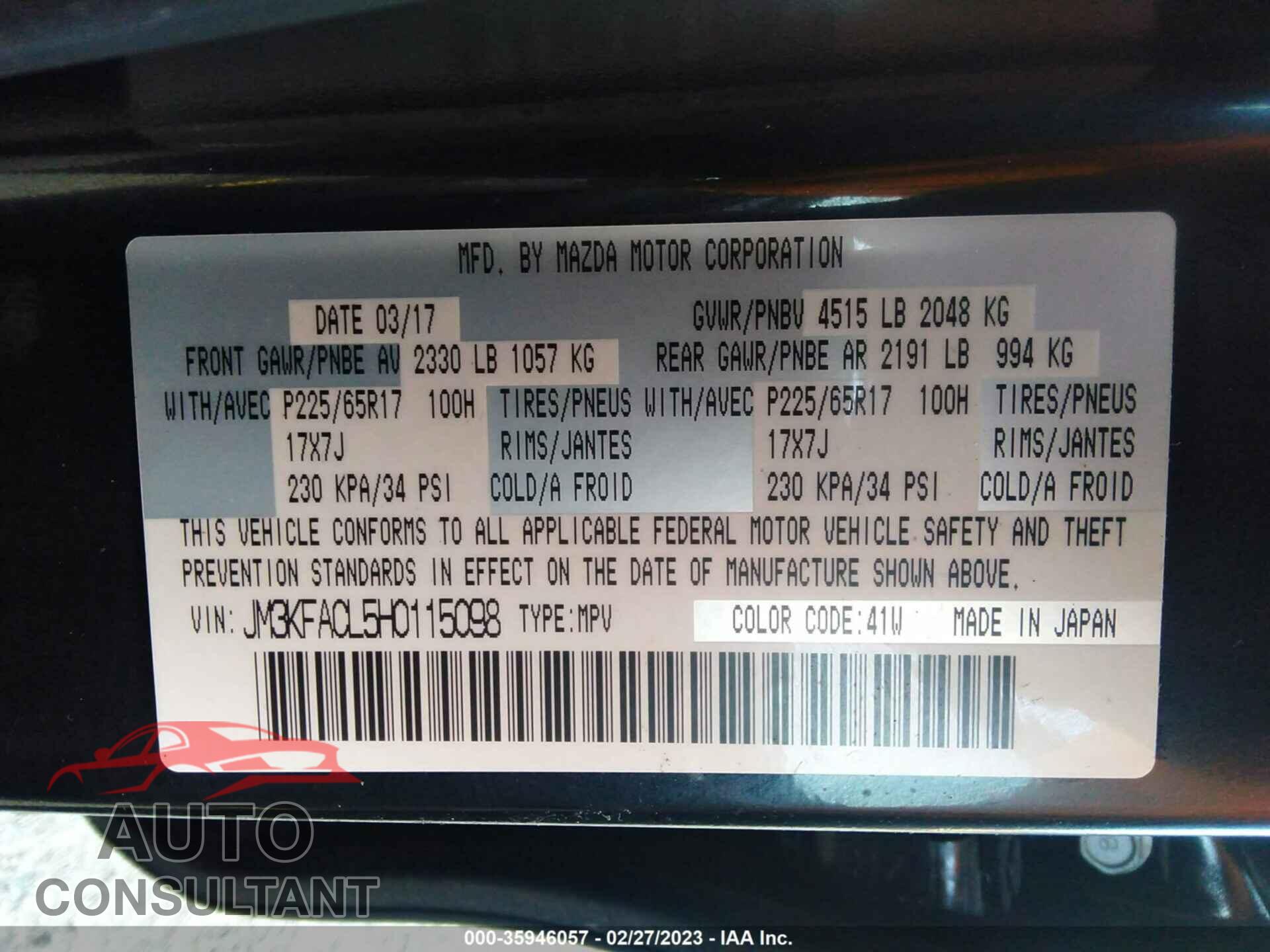 MAZDA CX-5 2017 - JM3KFACL5H0115098