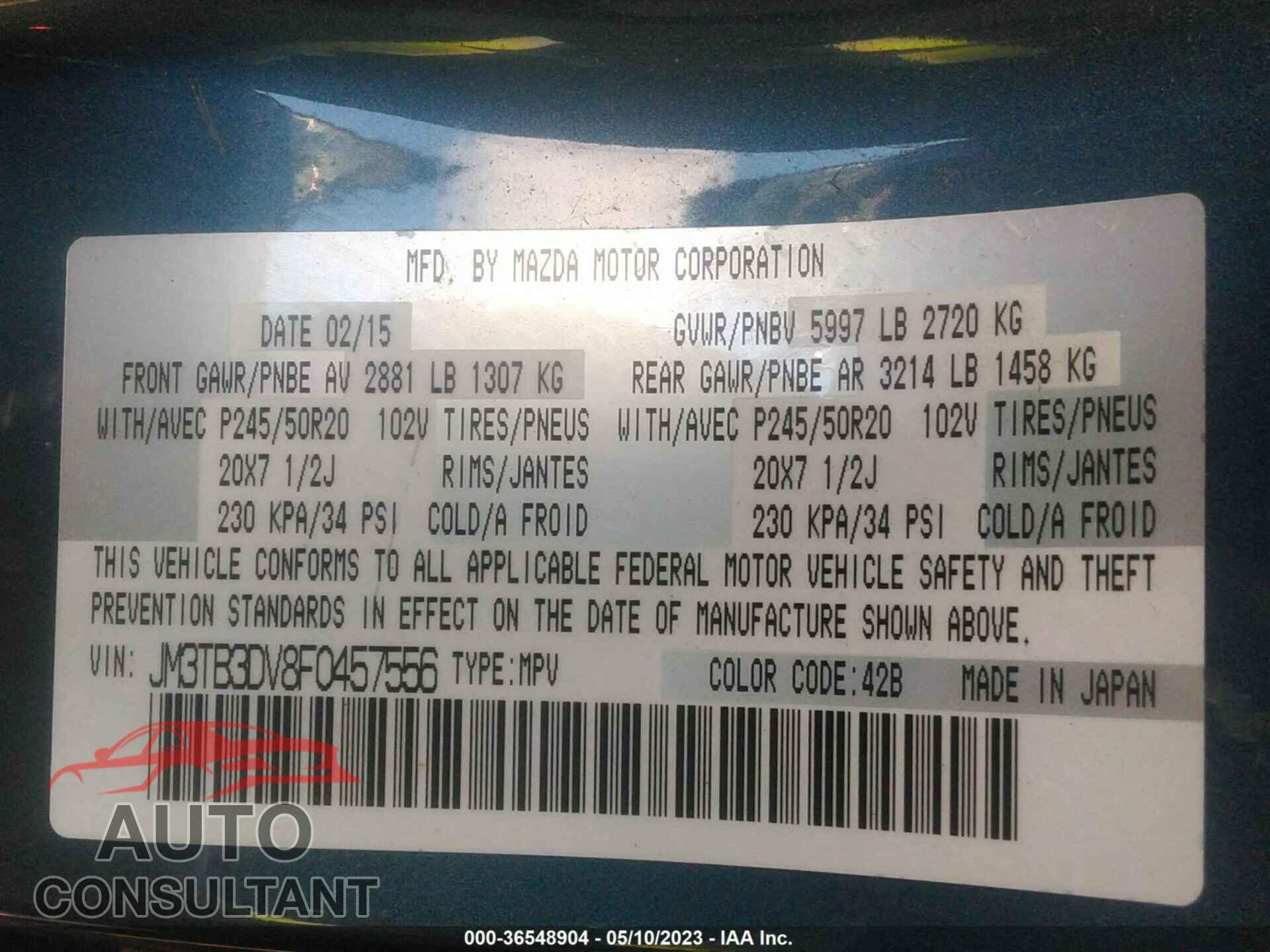 MAZDA CX-9 2015 - JM3TB3DV8F0457556
