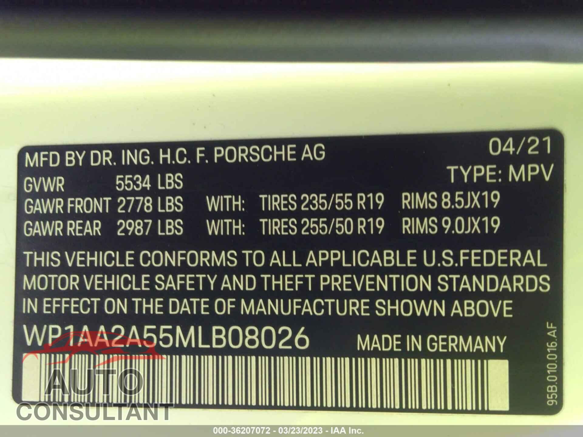 PORSCHE MACAN 2021 - WP1AA2A55MLB08026