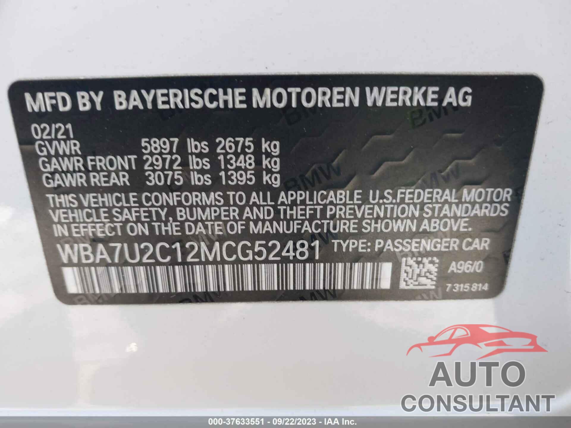 BMW 7 SERIES 2021 - WBA7U2C12MCG52481
