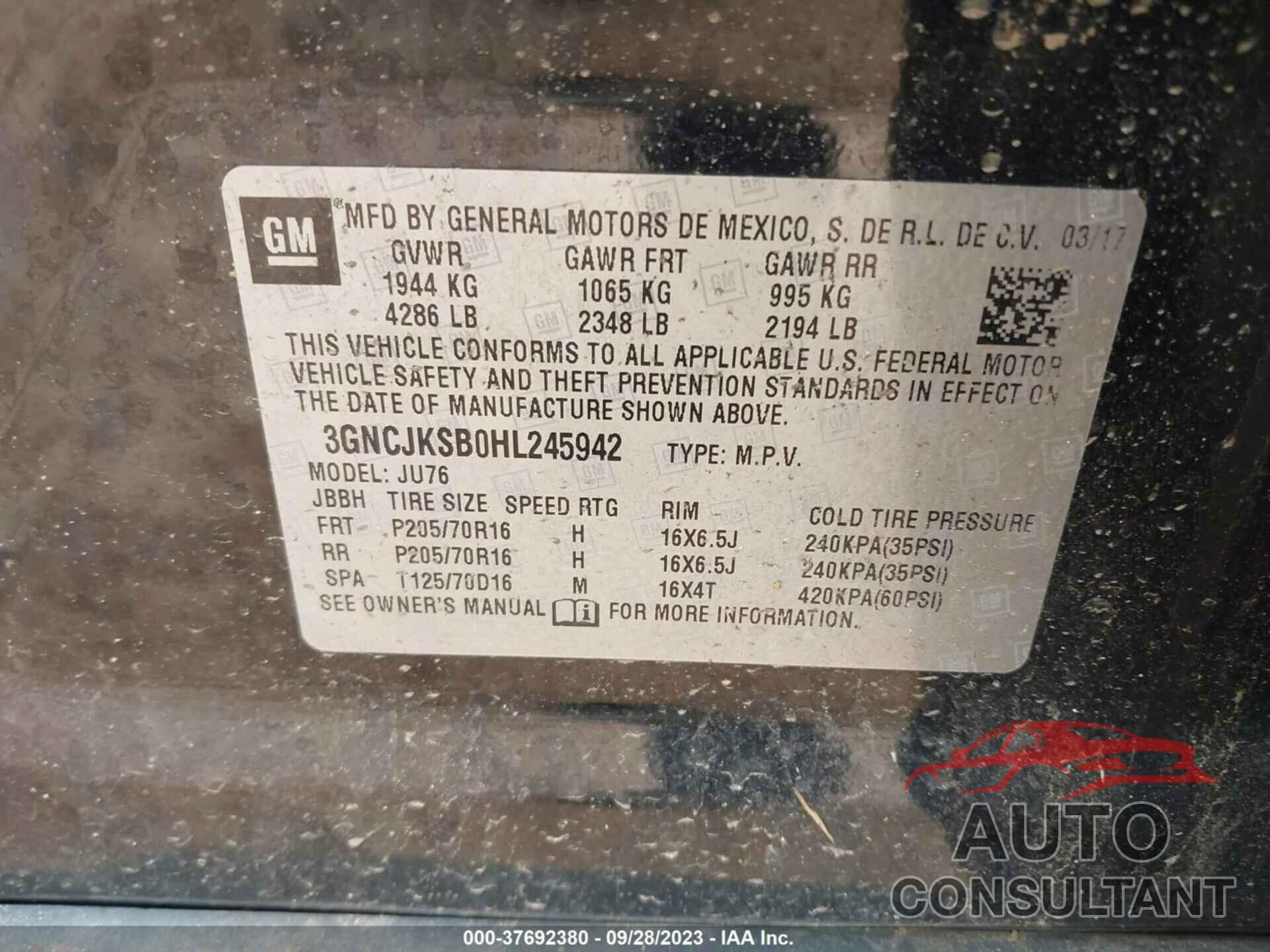 CHEVROLET TRAX 2017 - 3GNCJKSB0HL245942