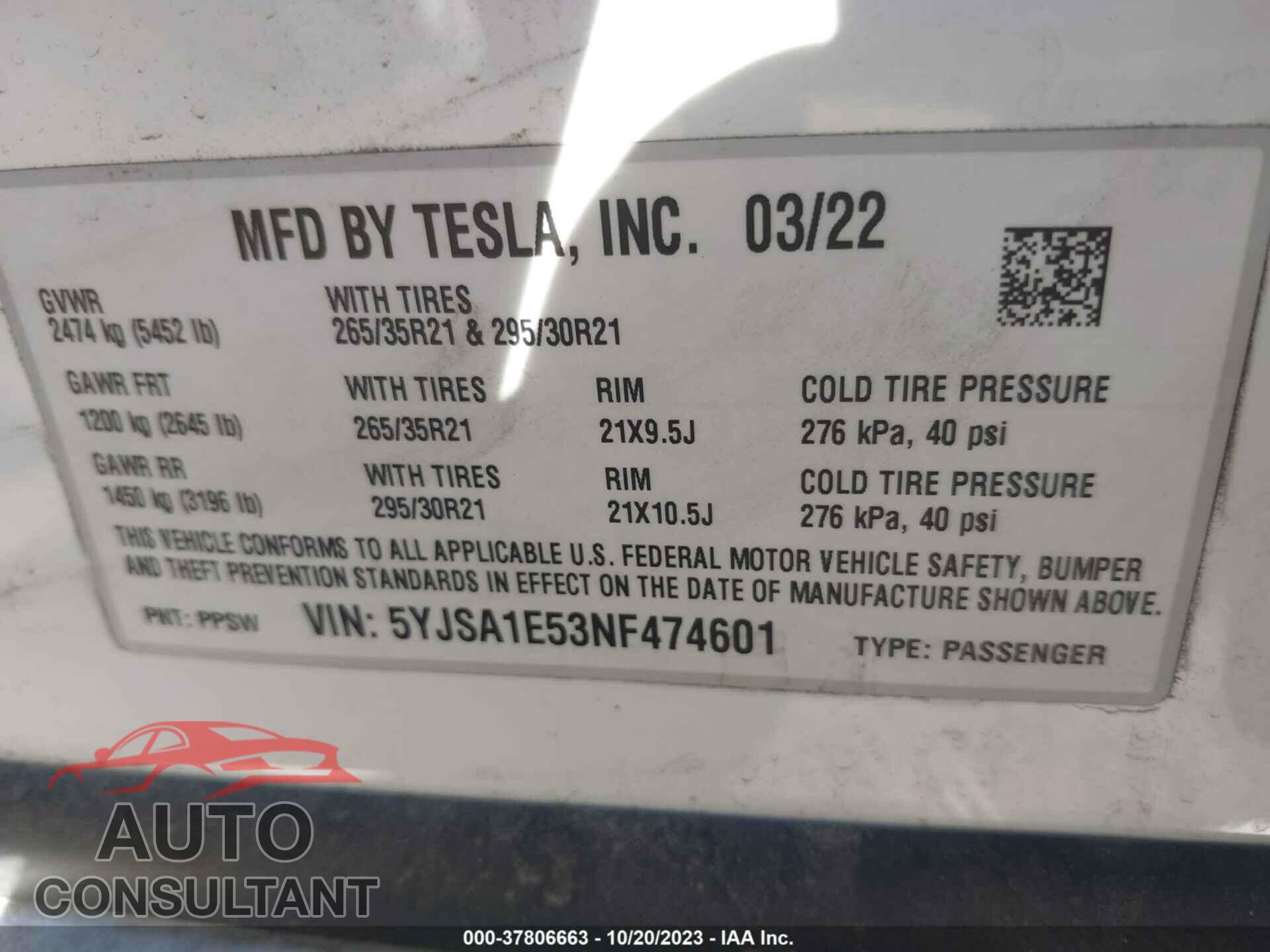 TESLA MODEL S 2022 - 5YJSA1E53NF474601