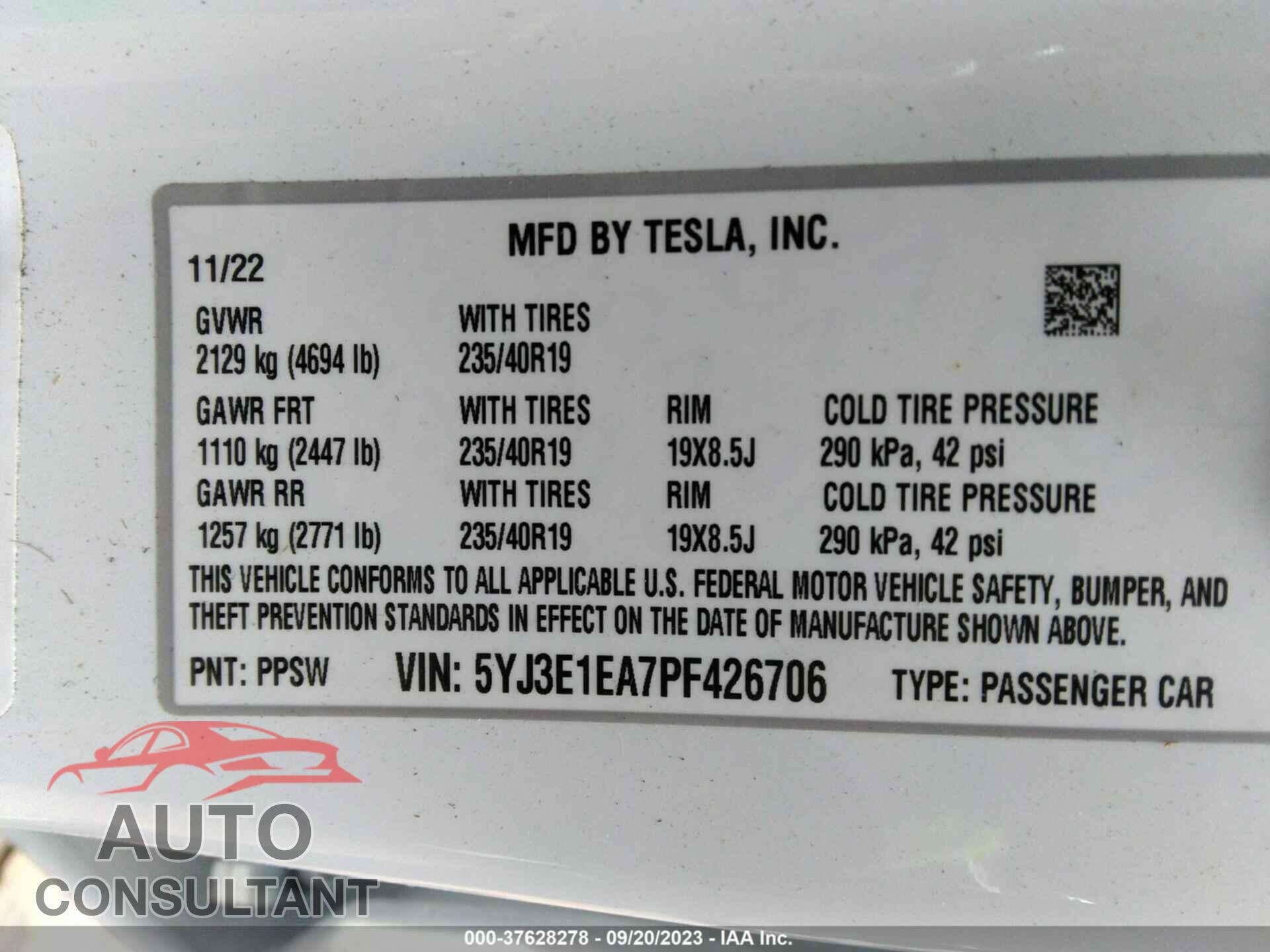 TESLA MODEL 3 2023 - 5YJ3E1EA7PF426706
