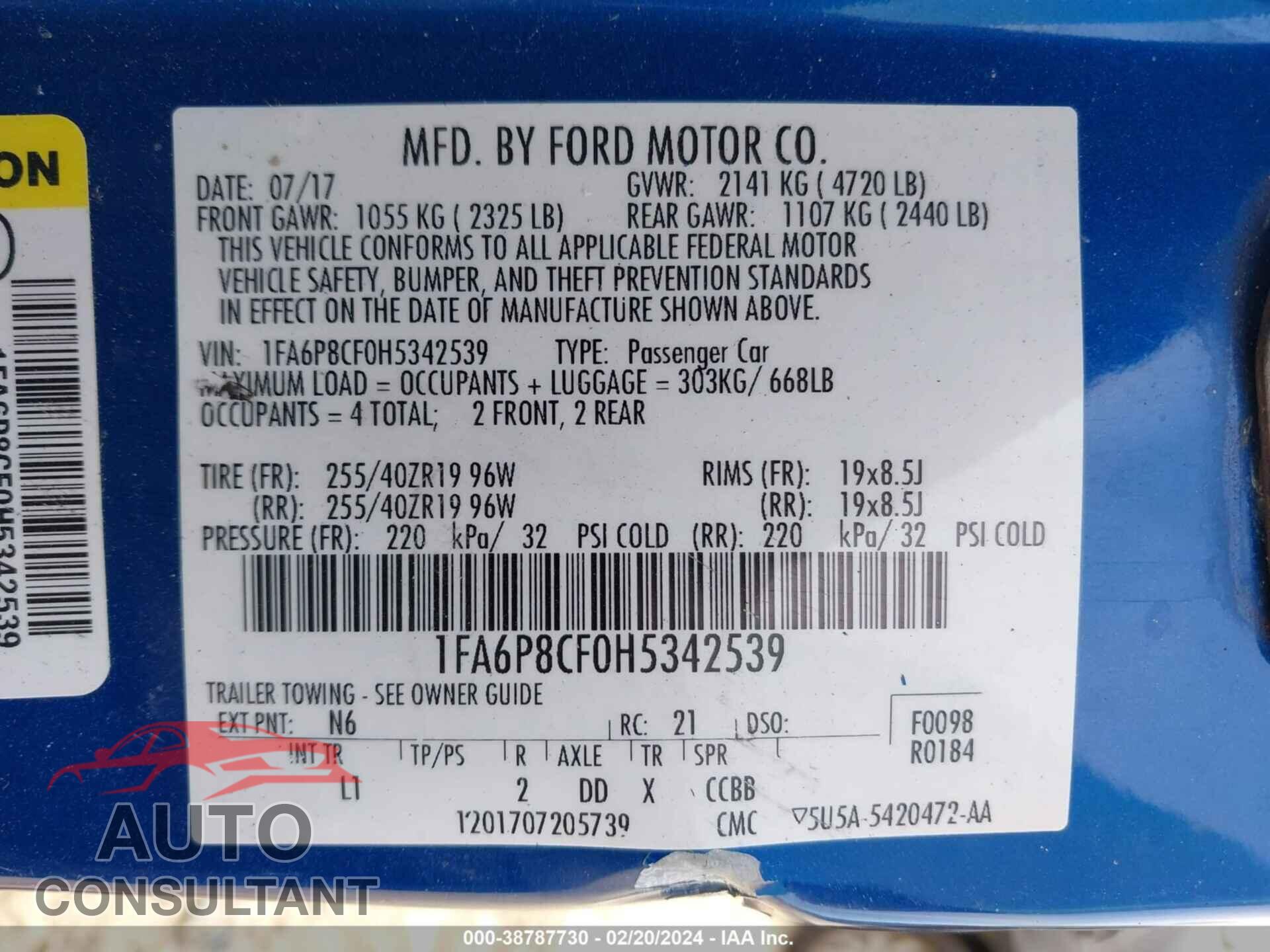FORD MUSTANG 2017 - 1FA6P8CF0H5342539