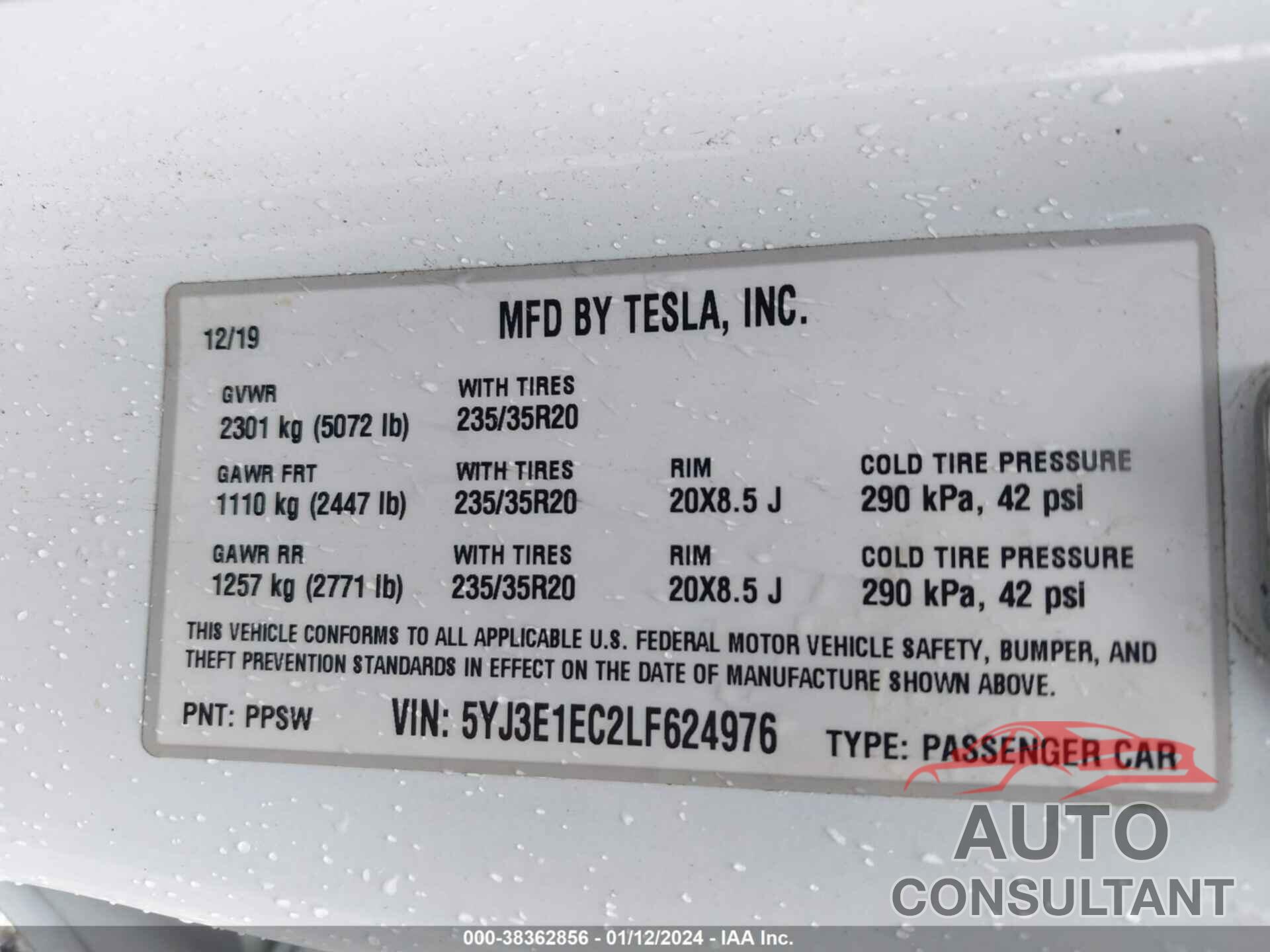 TESLA MODEL 3 2020 - 5YJ3E1EC2LF624976