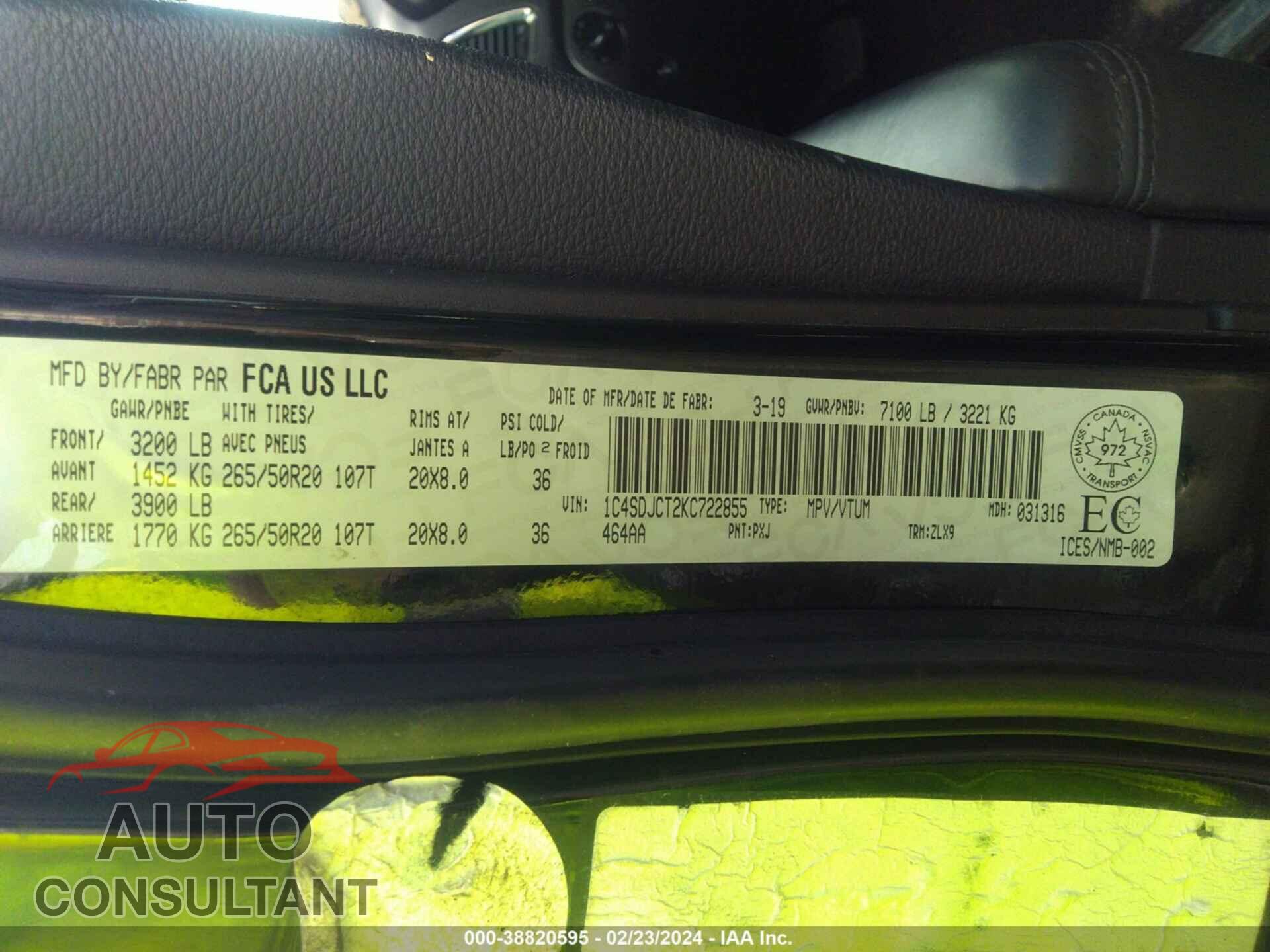 DODGE DURANGO 2019 - 1C4SDJCT2KC722855