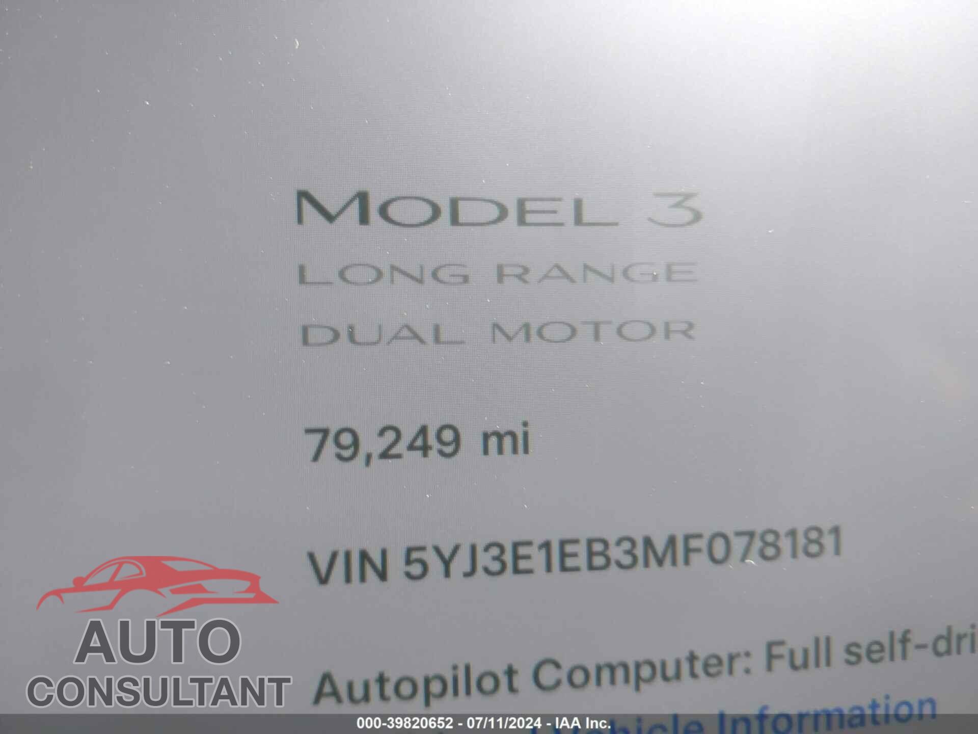 TESLA MODEL 3 2021 - 5YJ3E1EB3MF078181