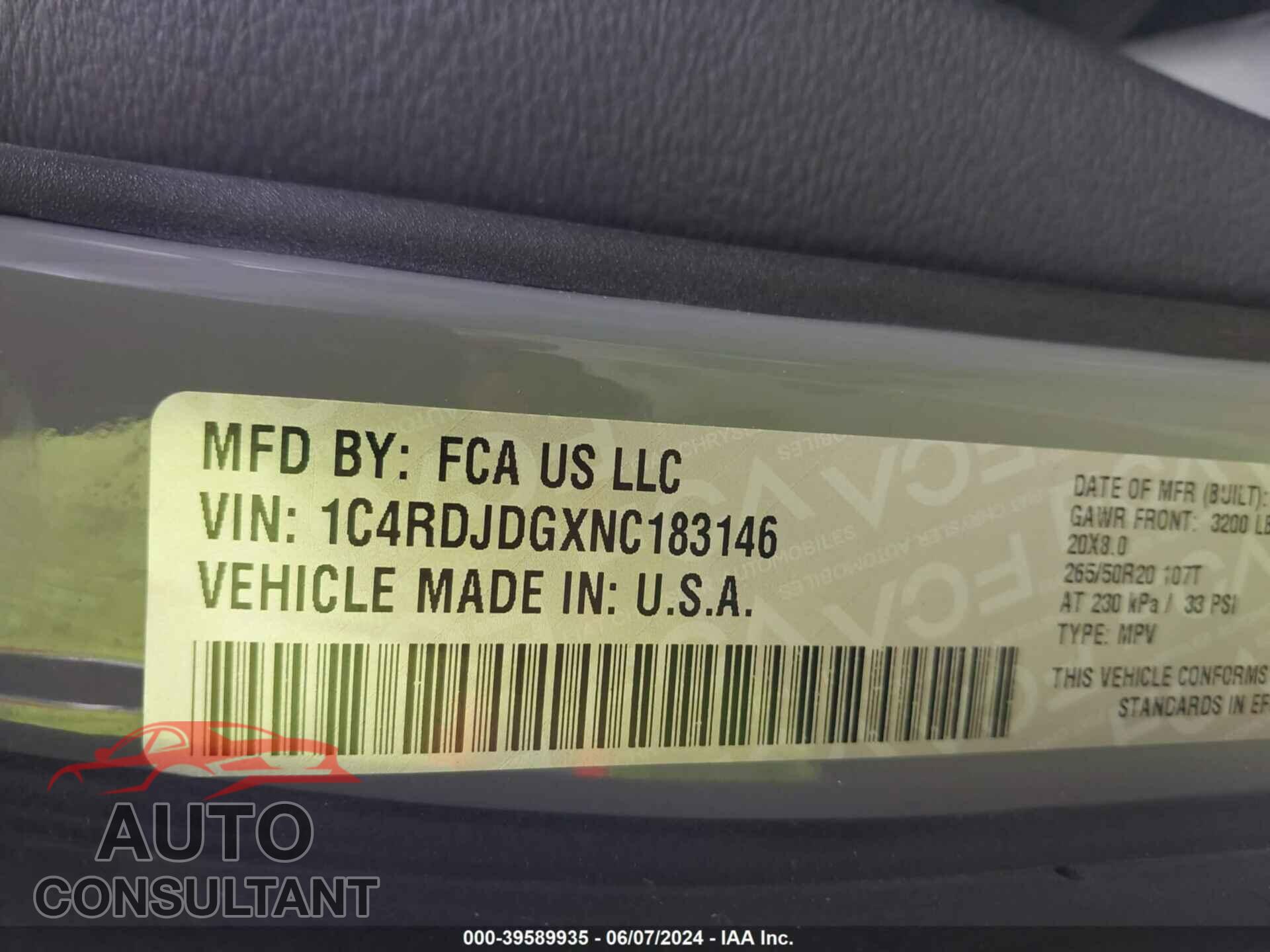 DODGE DURANGO 2022 - 1C4RDJDGXNC183146