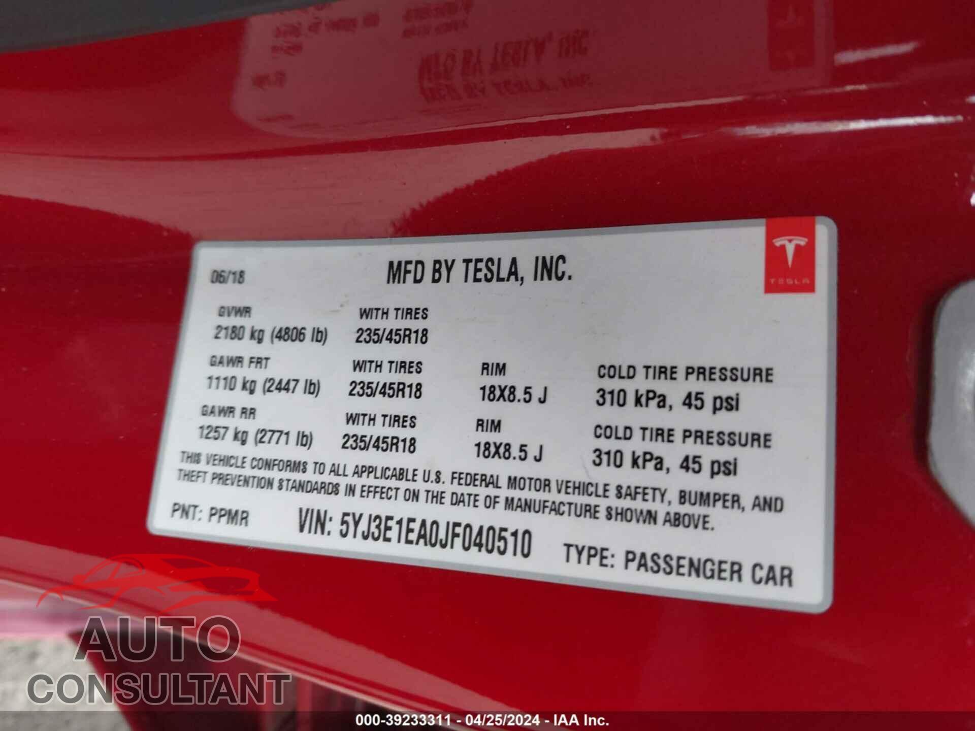 TESLA MODEL 3 2018 - 5YJ3E1EA0JF040510