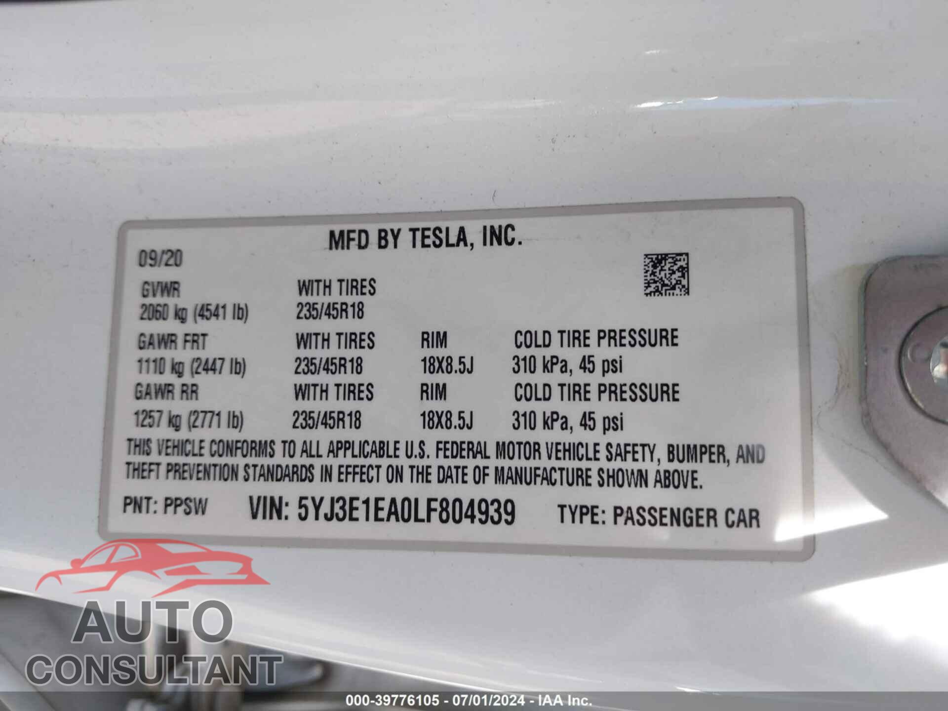 TESLA MODEL 3 2020 - 5YJ3E1EA0LF804939