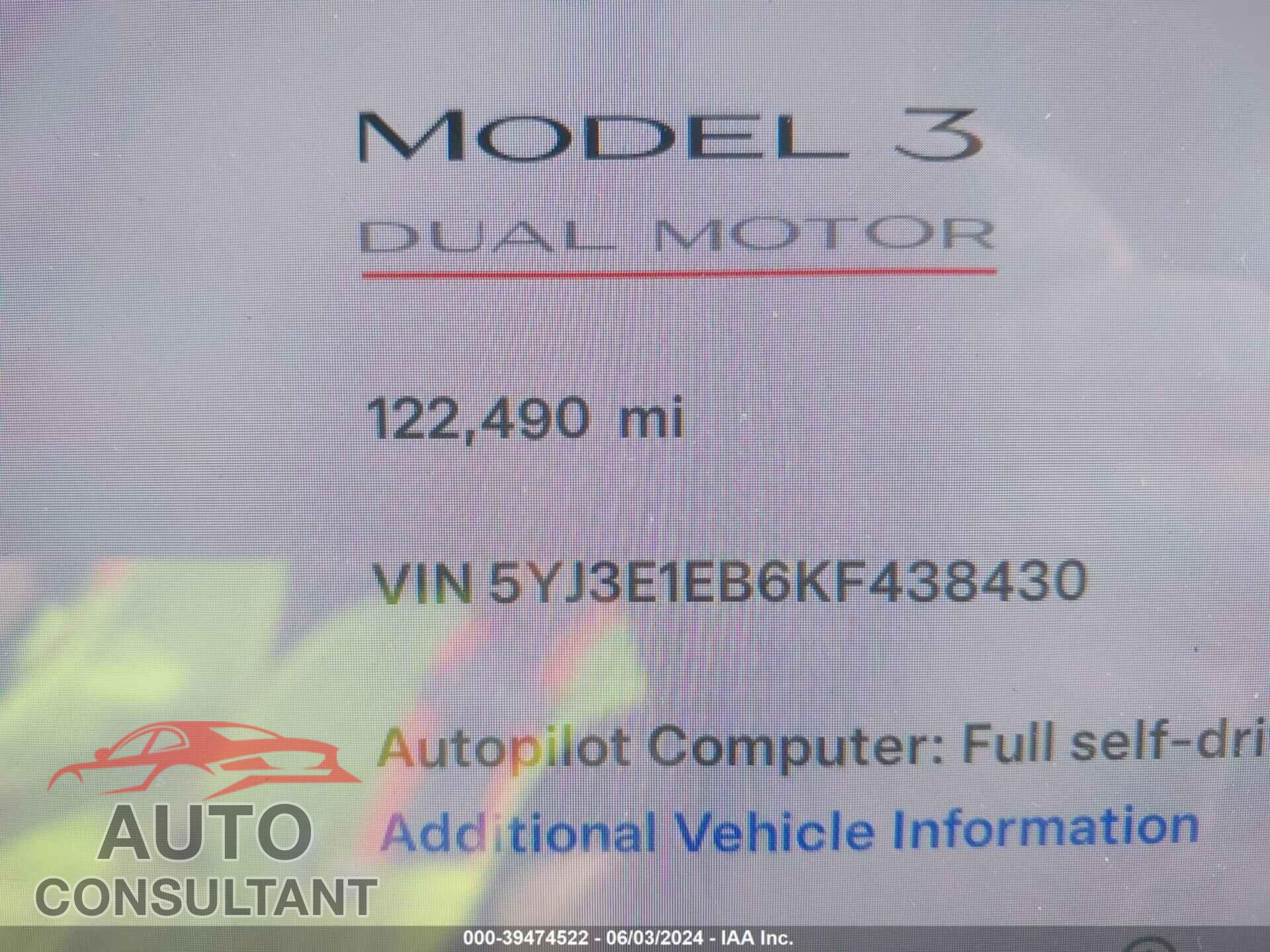TESLA MODEL 3 2019 - 5YJ3E1EB6KF438430