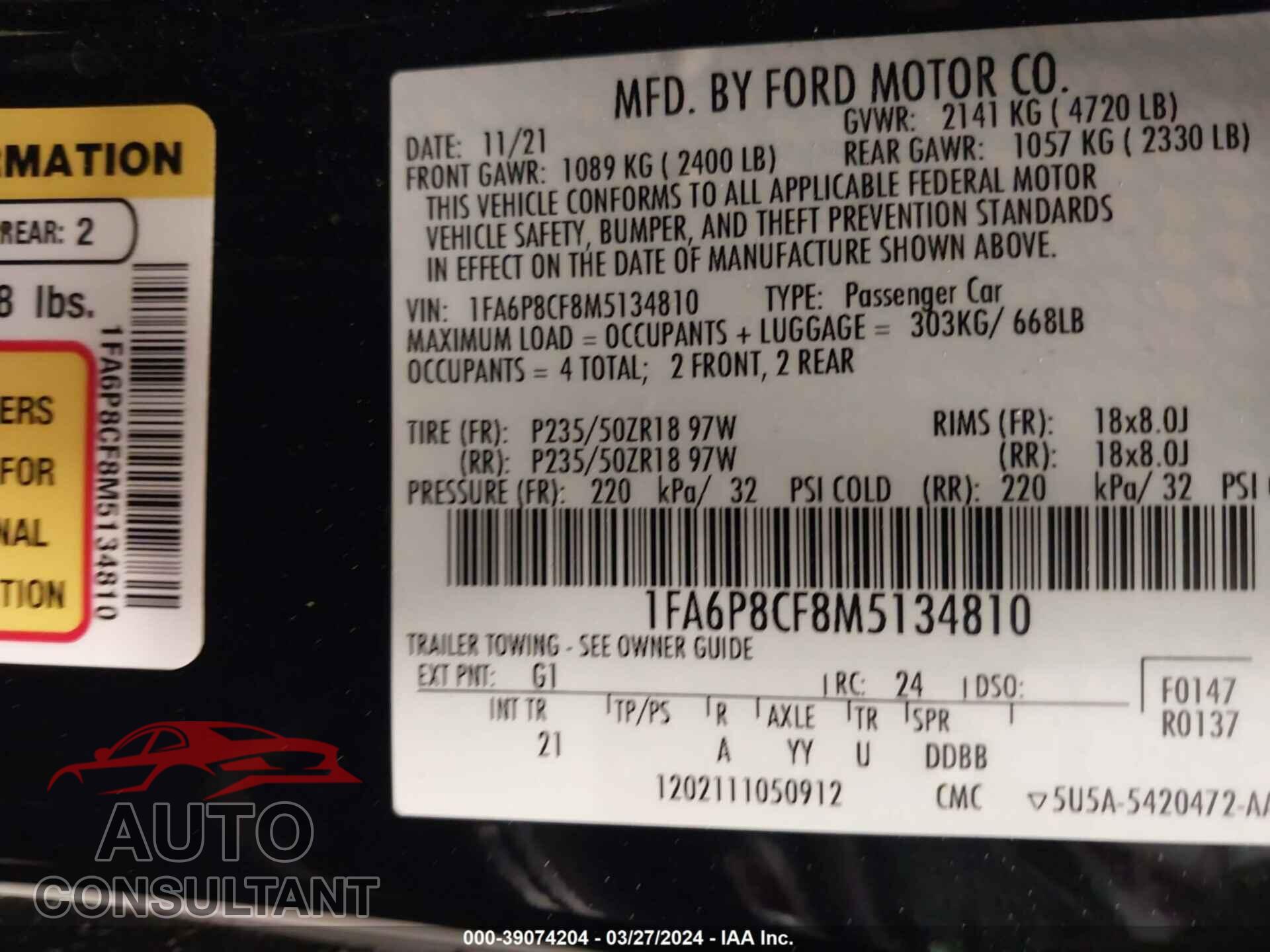 FORD MUSTANG 2021 - 1FA6P8CF8M5134810