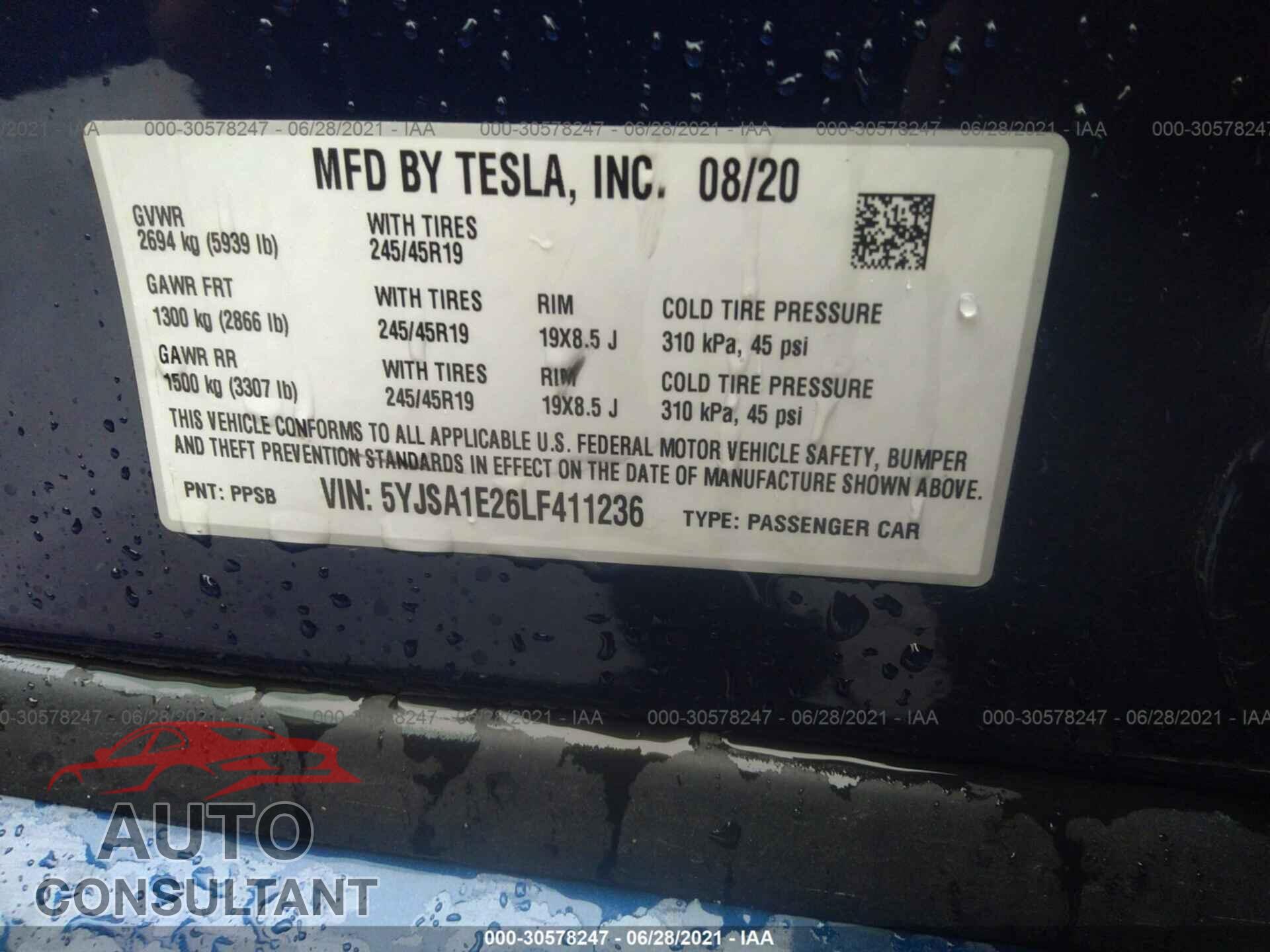TESLA MODEL S 2020 - 5YJSA1E26LF411236