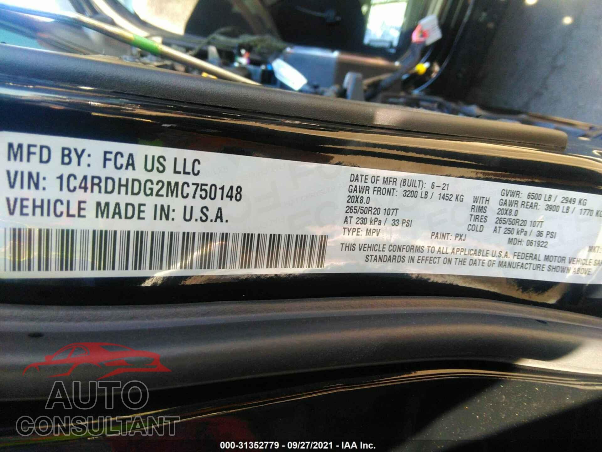 DODGE DURANGO 2021 - 1C4RDHDG2MC750148