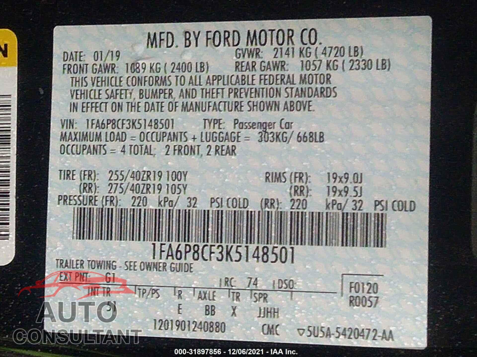 FORD MUSTANG 2019 - 1FA6P8CF3K5148501