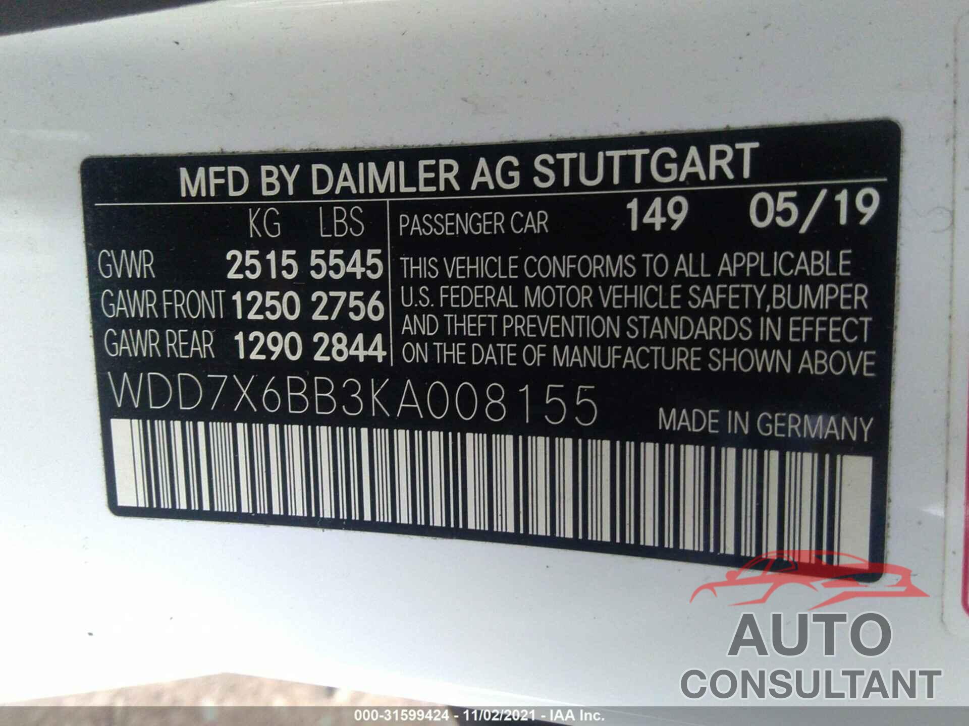 MERCEDES-BENZ AMG GT 2019 - WDD7X6BB3KA008155