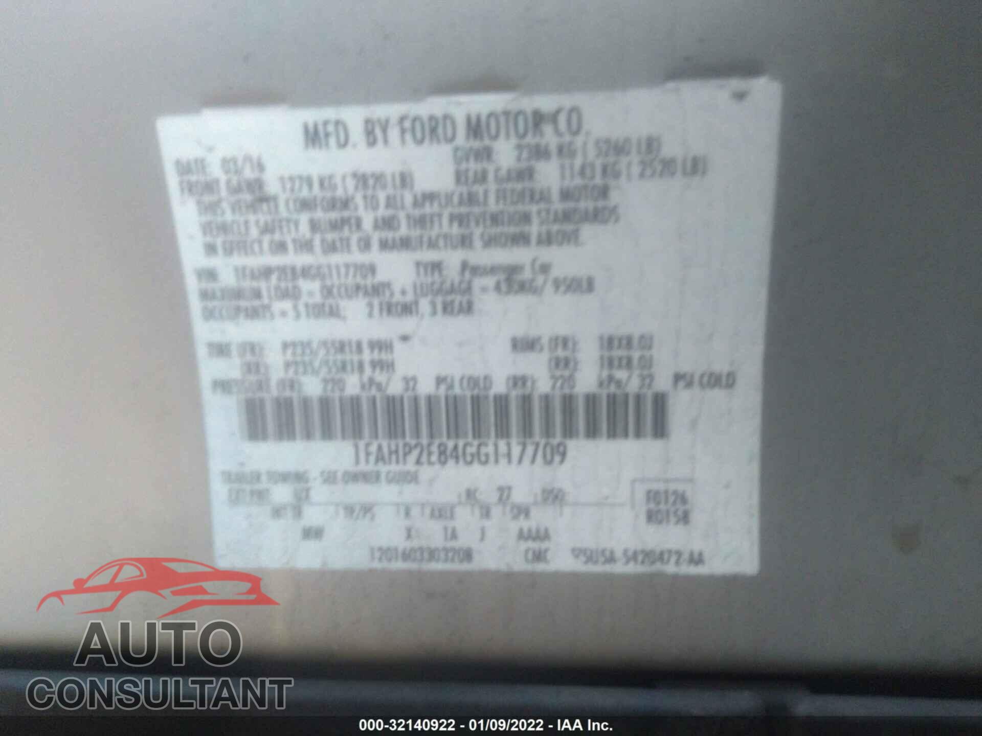 FORD TAURUS 2016 - 1FAHP2E84GG117709