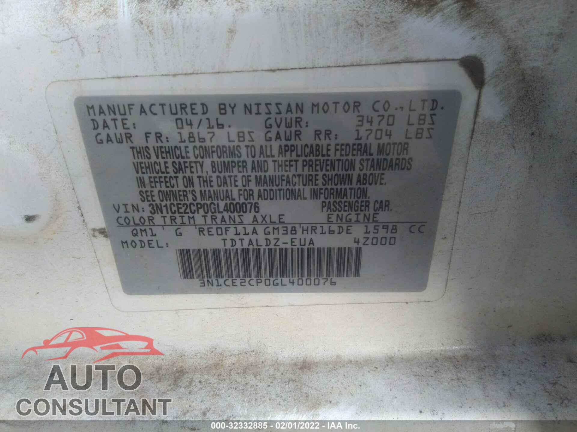 NISSAN VERSA NOTE 2016 - 3N1CE2CP0GL400076