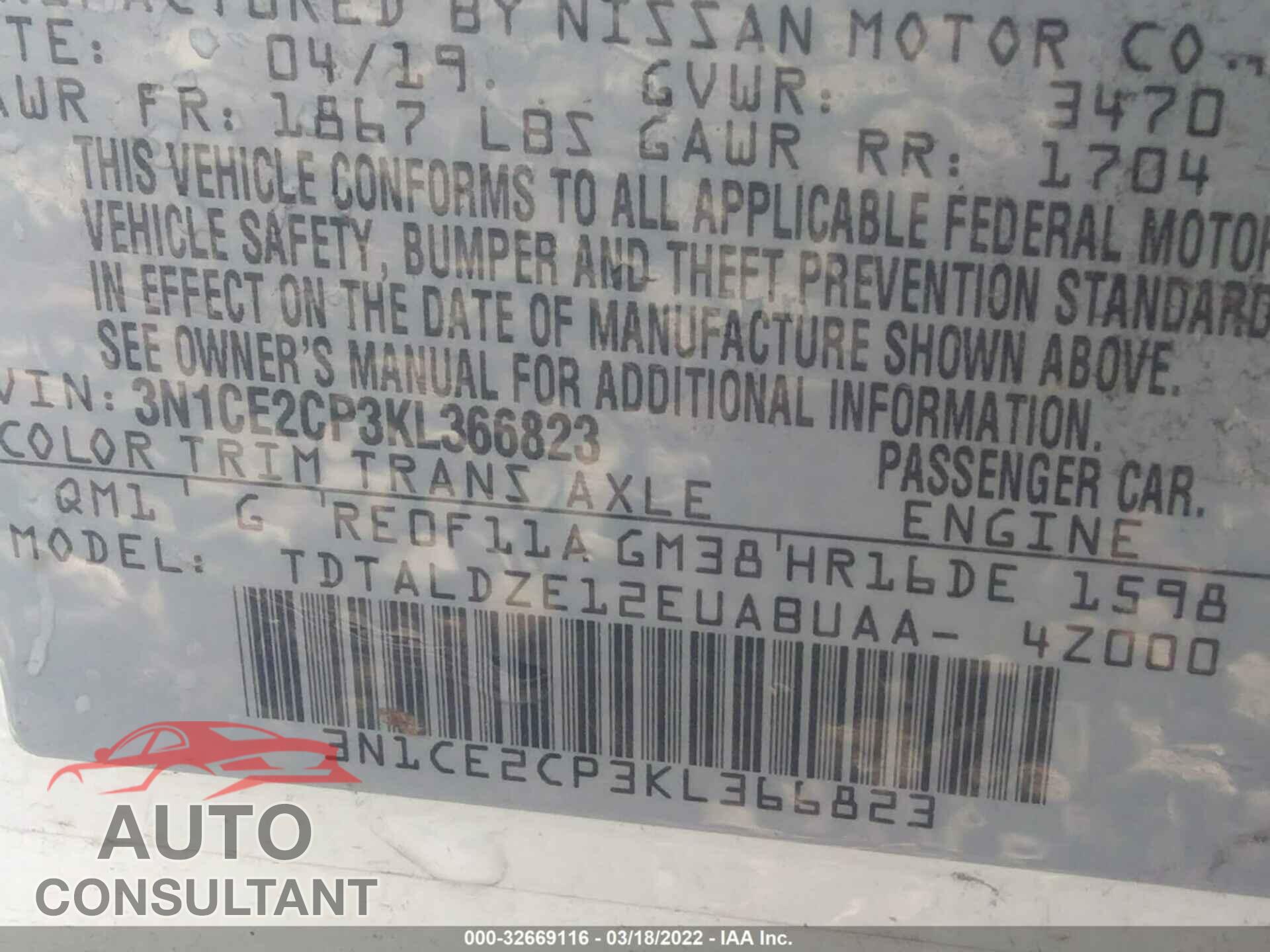 NISSAN VERSA NOTE 2019 - 3N1CE2CP3KL366823