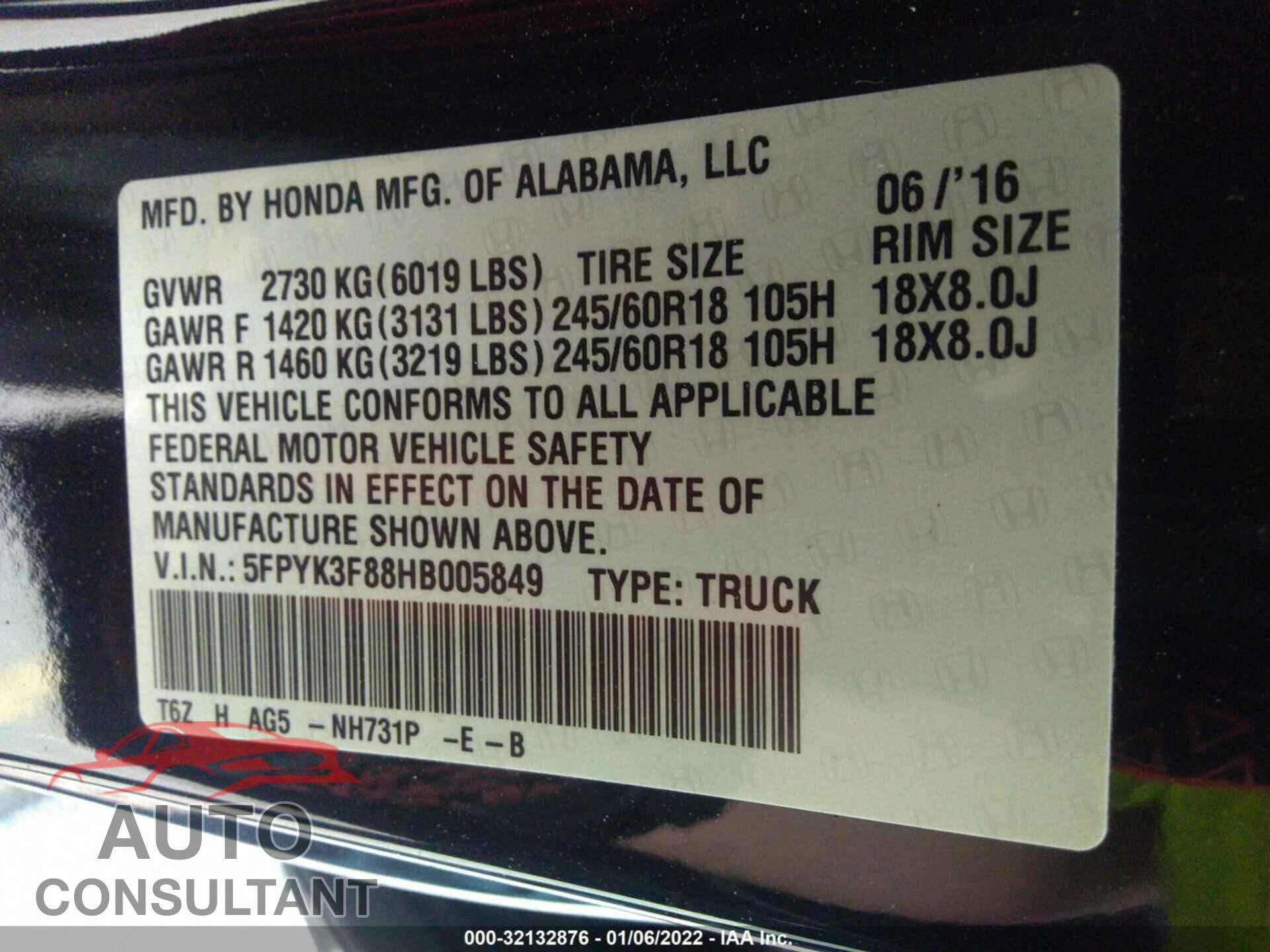 HONDA RIDGELINE 2017 - 5FPYK3F88HB005849