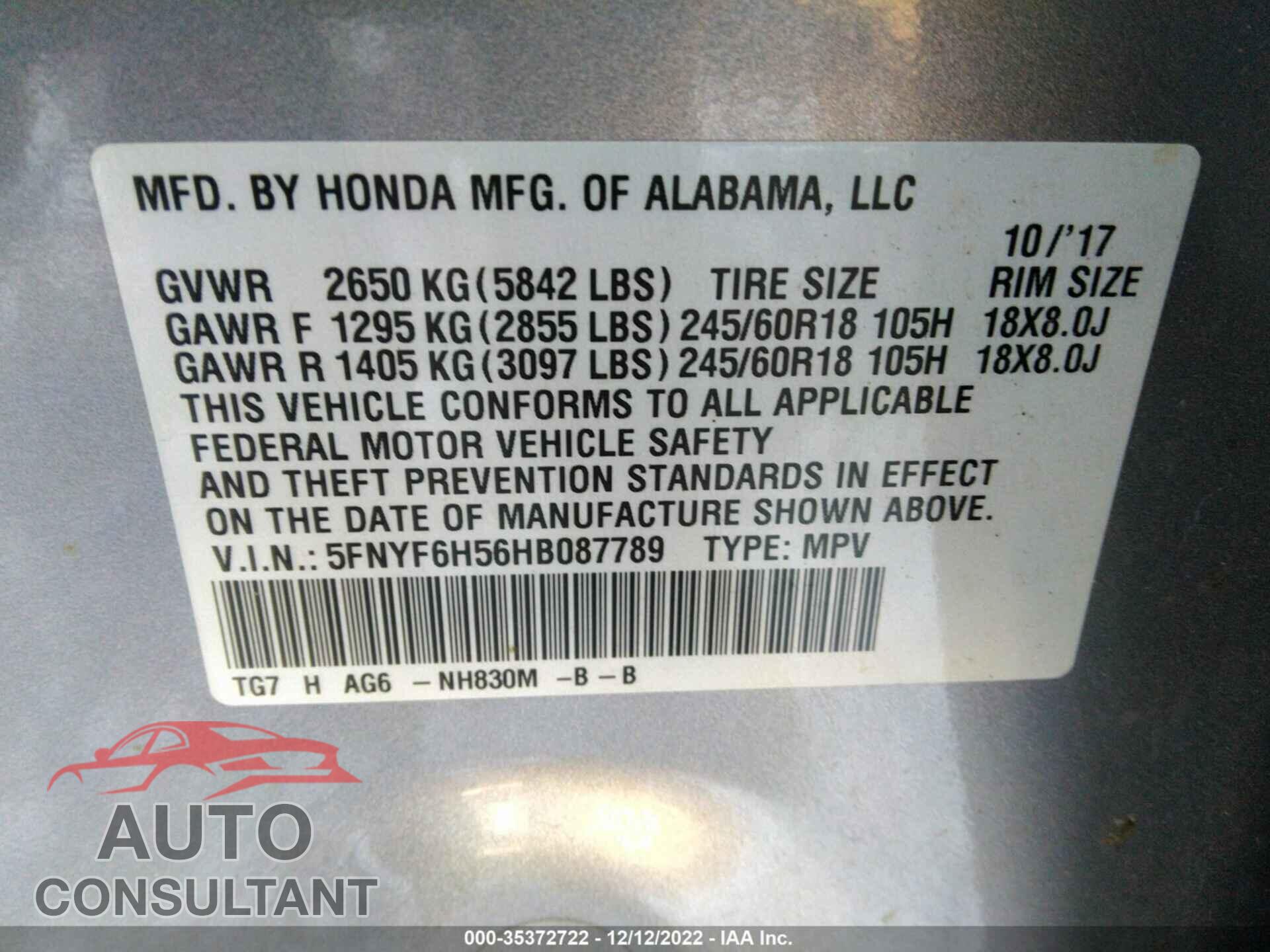 HONDA PILOT 2017 - 5FNYF6H56HB087789